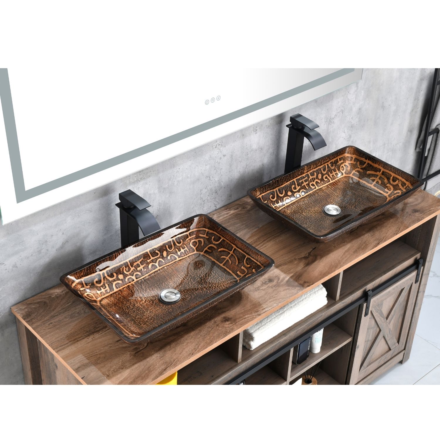 Golden Handmade Glass Rectangle Vessel Bathroom Sink in Brown and Gold Fusion Finish with  Faucet and Pop-Up Drain in Matte Black