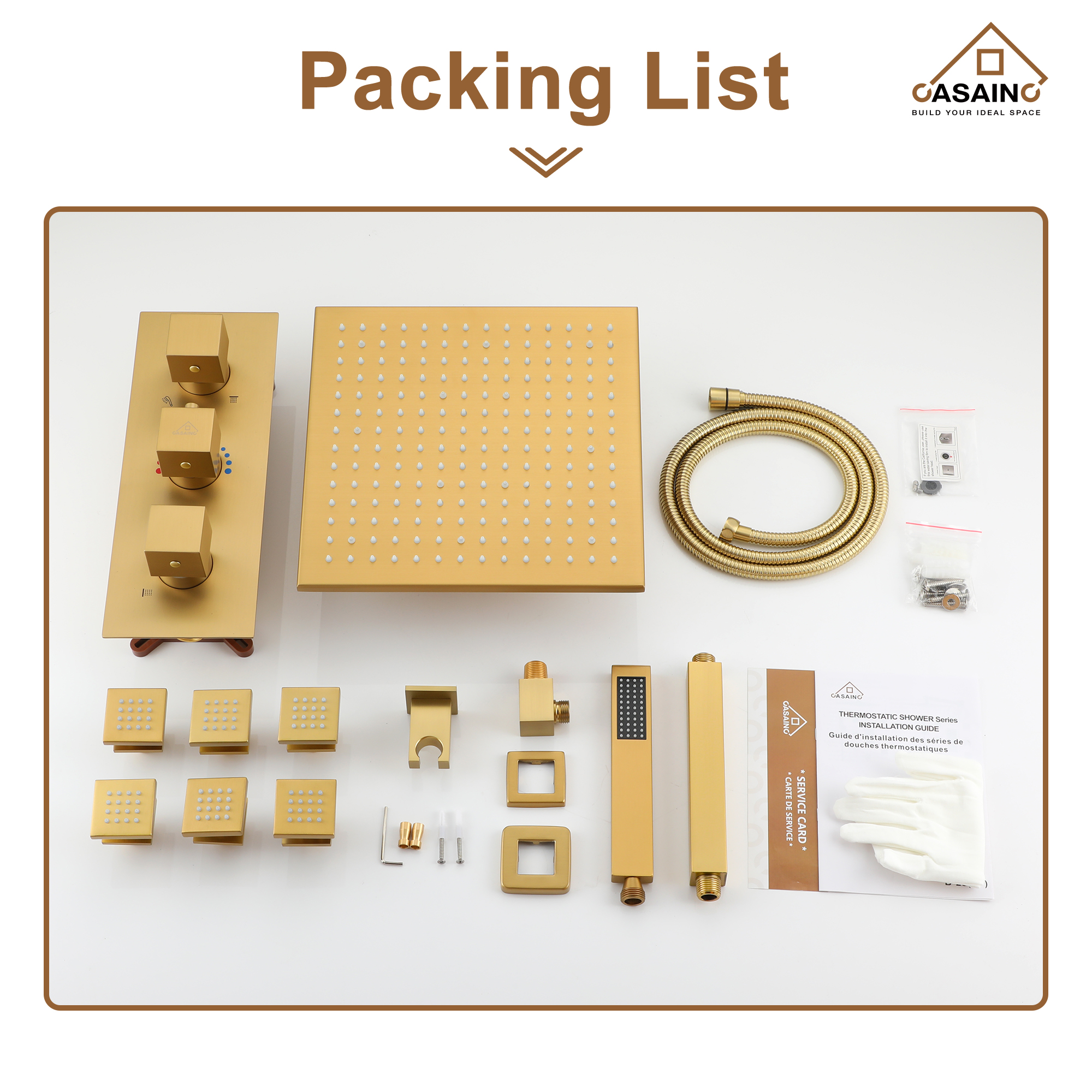 Luxury Celling Mount 12 Inch LED Light Shower Head 3 Function Thermostatic Shower System with 6 Body Jets