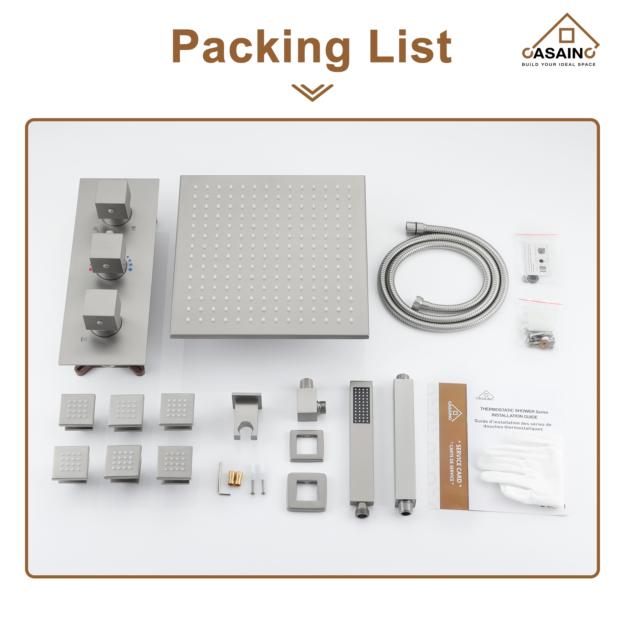 Luxury Celling Mount 12 Inch LED Light Shower Head 3 Function Thermostatic Shower System with 6 Body Jets