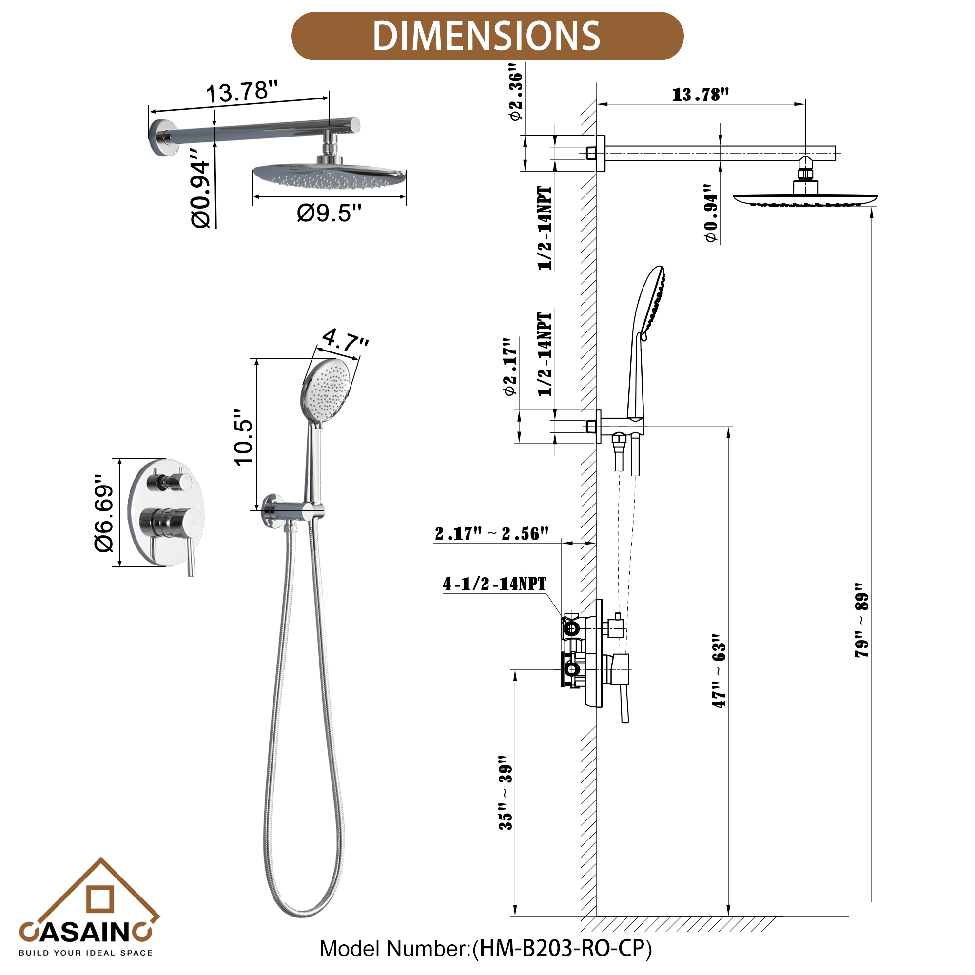 CASAINC 9.5'' Wall-mounted rain shower faucet with pressure balanced valve