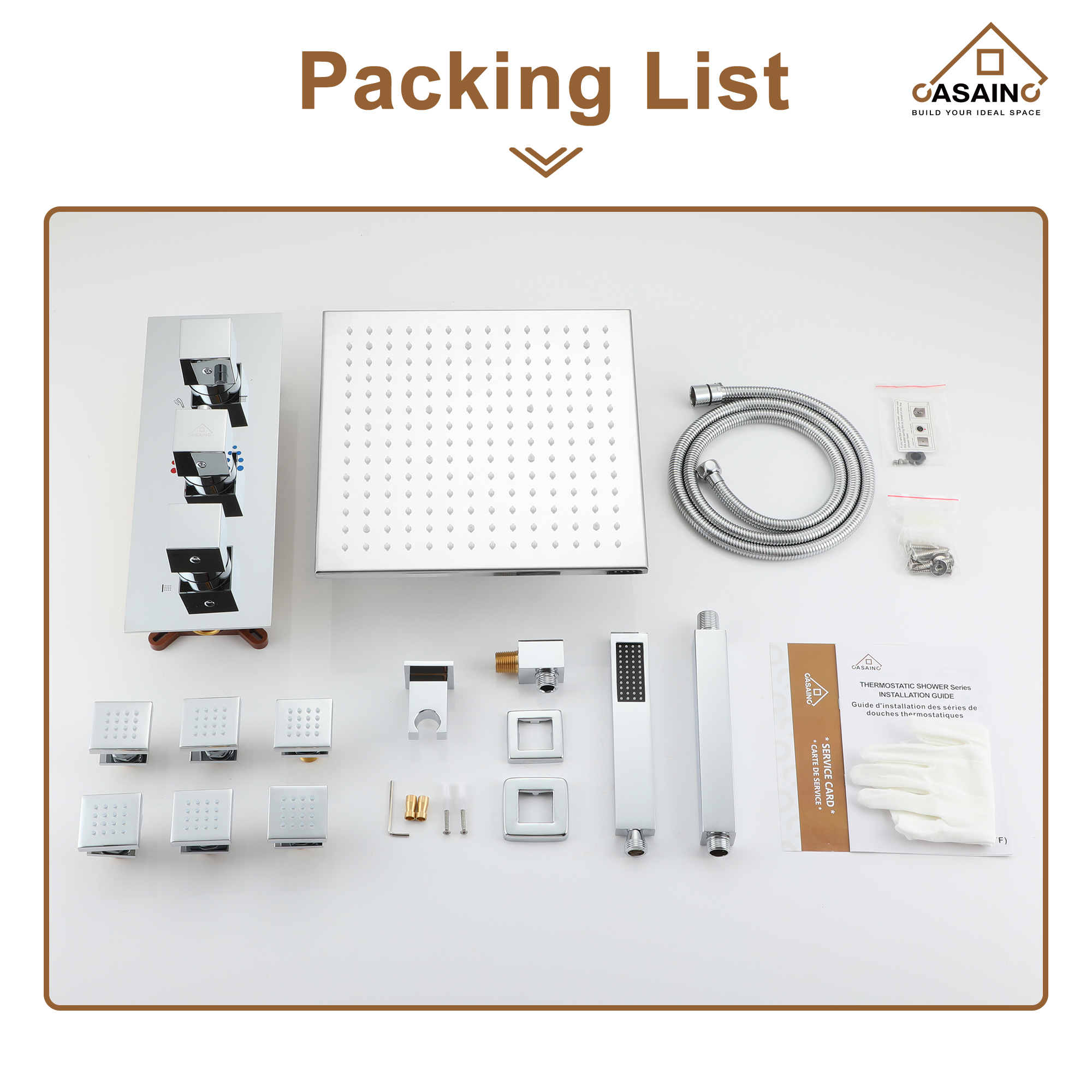 Luxury Celling Mount 12 Inch LED Light Shower Head 3 Function Thermostatic Shower System with 6 Body Jets