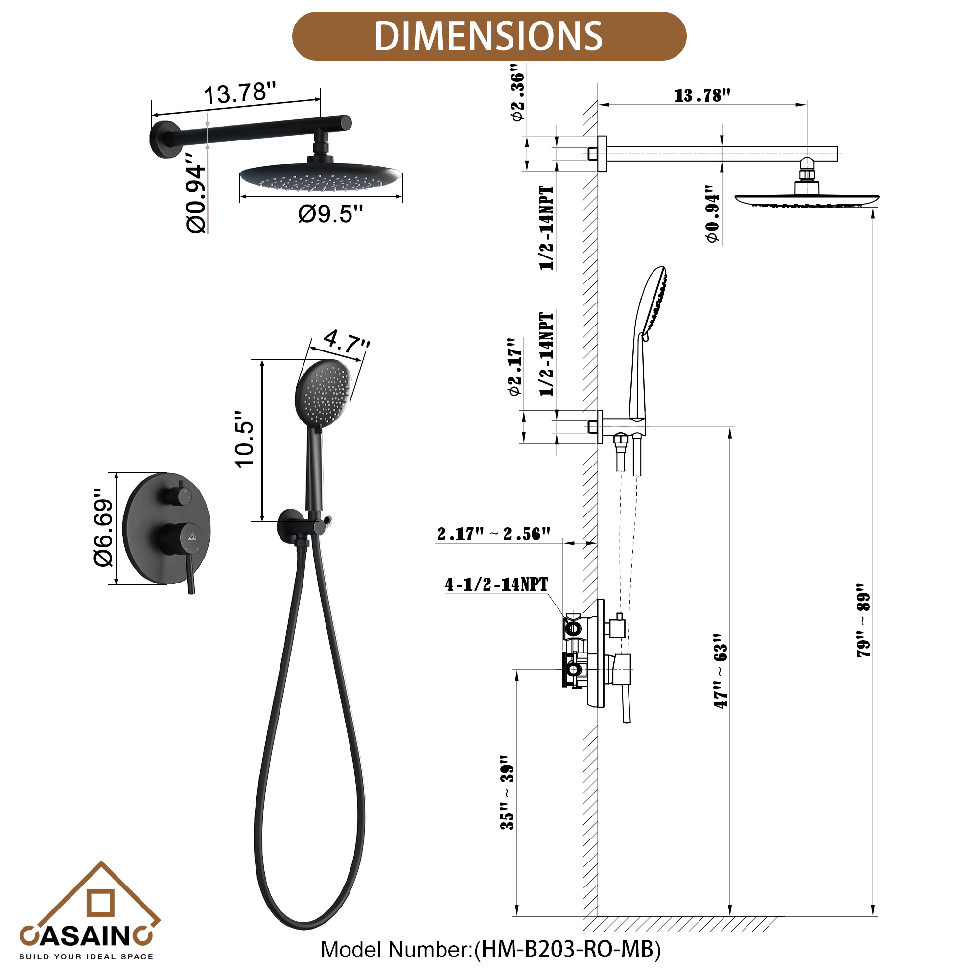 9.5'' Wall-mounted rain shower faucet with pressure balanced valve
