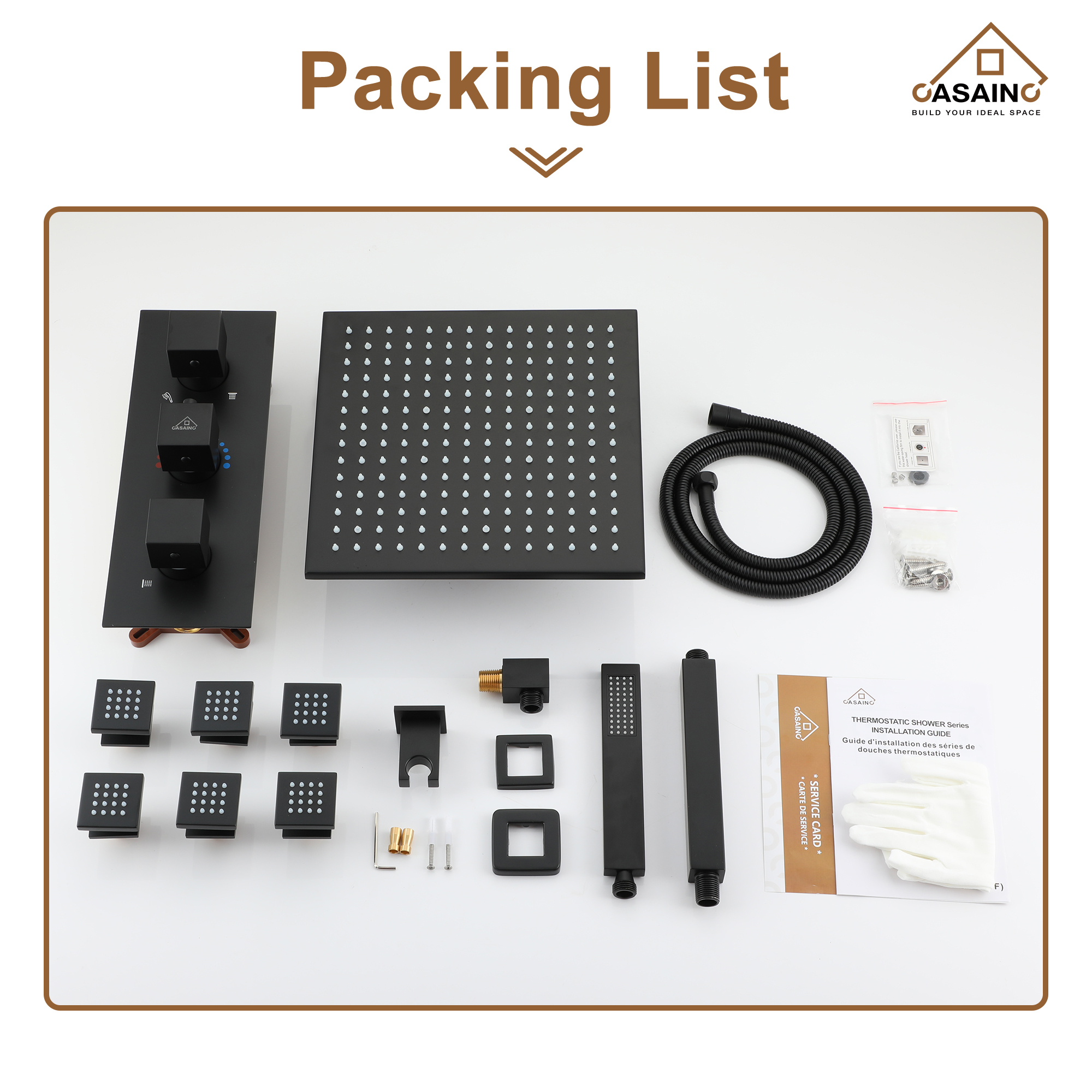 Luxury Celling Mount 12 Inch LED Light Shower Head 3 Function Thermostatic Shower System with 6 Body Jets