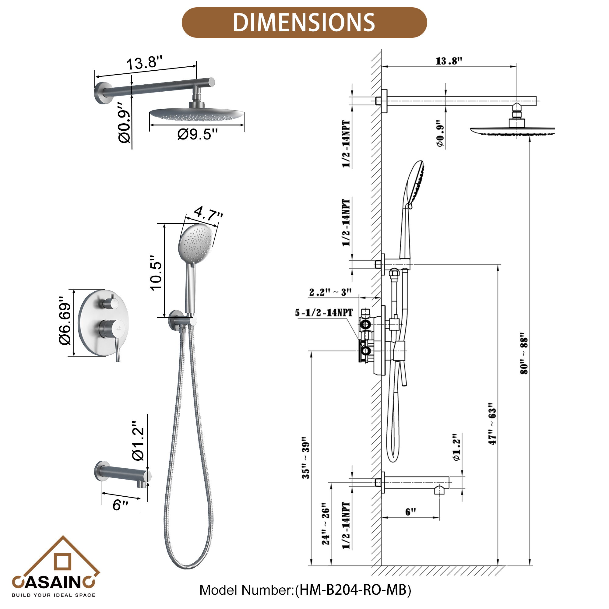 CASAINC 9.5inch Wall-mounted rain shower faucet with pressure balanced valve