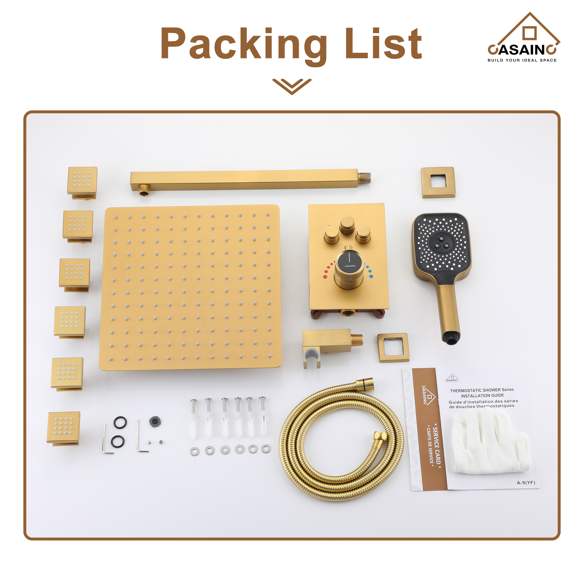 Wall Mount 12 Inch Rainfall Shower Head 3 Function Thermostatic Shower System  with 6 Body Jets