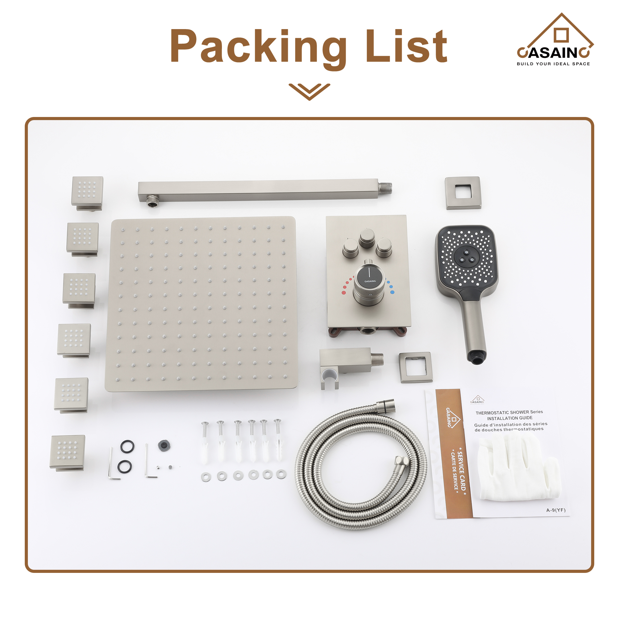 Wall Mount 12 Inch Rainfall Shower Head 3 Function Thermostatic Shower System  with 6 Body Jets