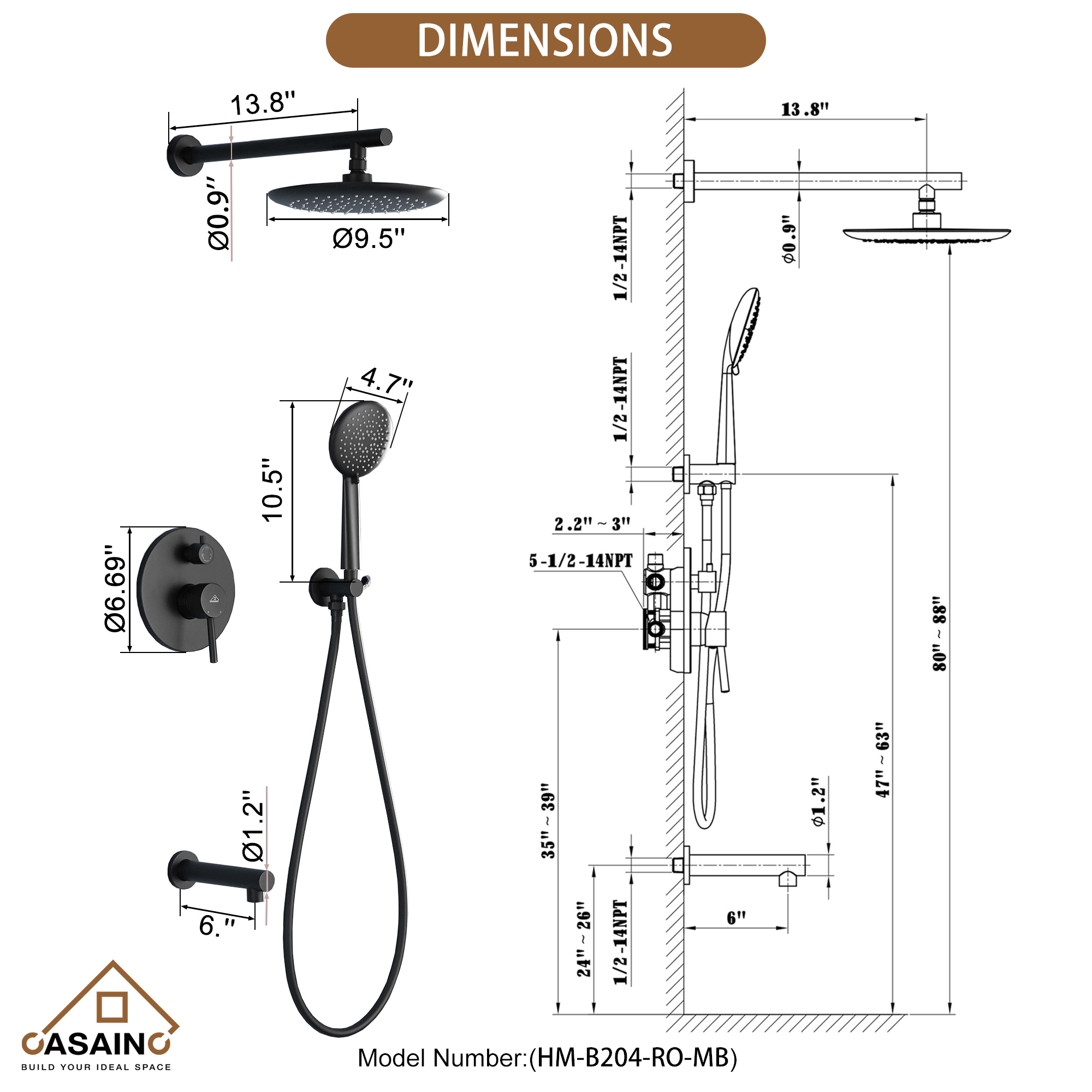 CASAINC 9.5inch Wall-mounted rain shower faucet with pressure balanced valve