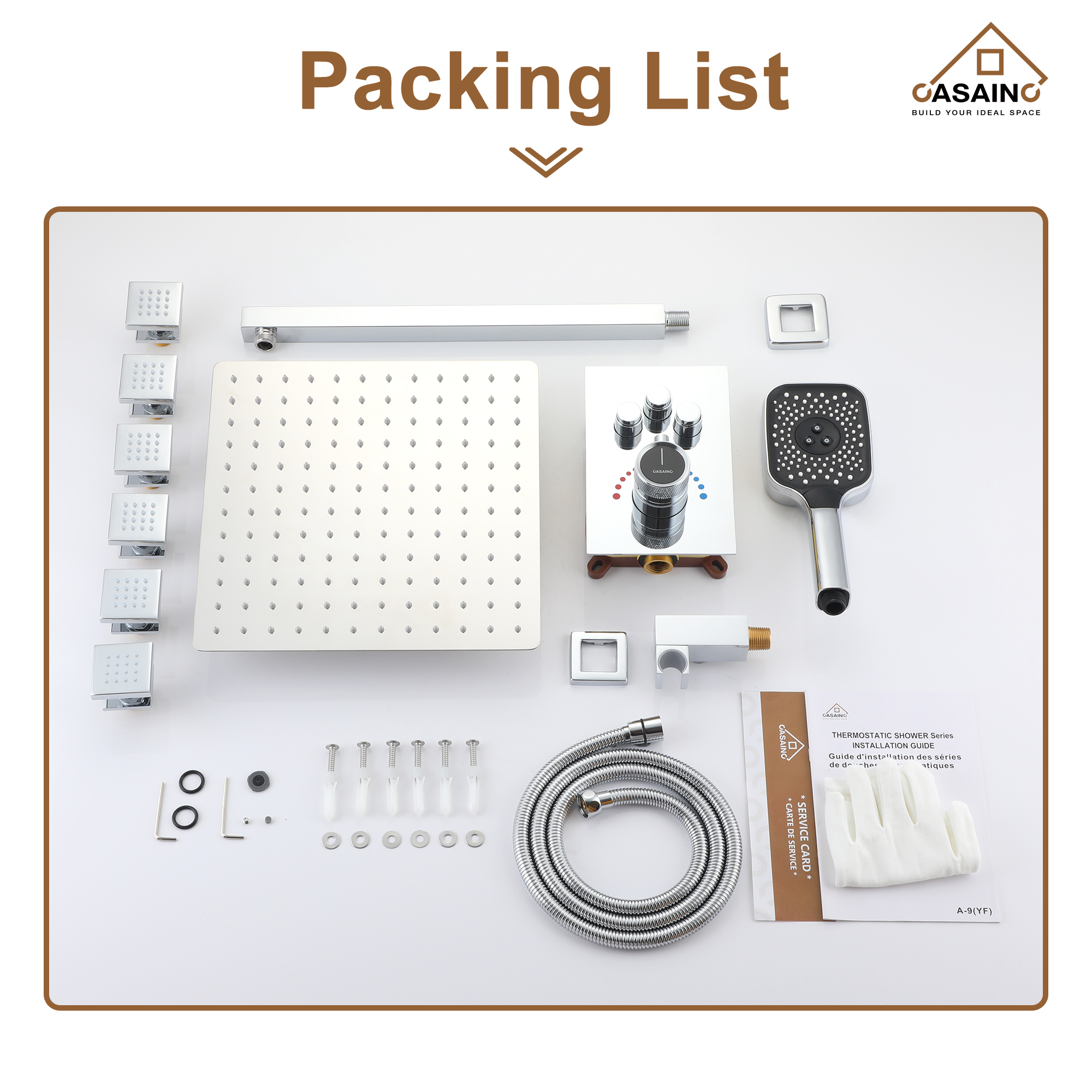 Wall Mount 12 Inch Rainfall Shower Head 3 Function Thermostatic Shower System  with 6 Body Jets