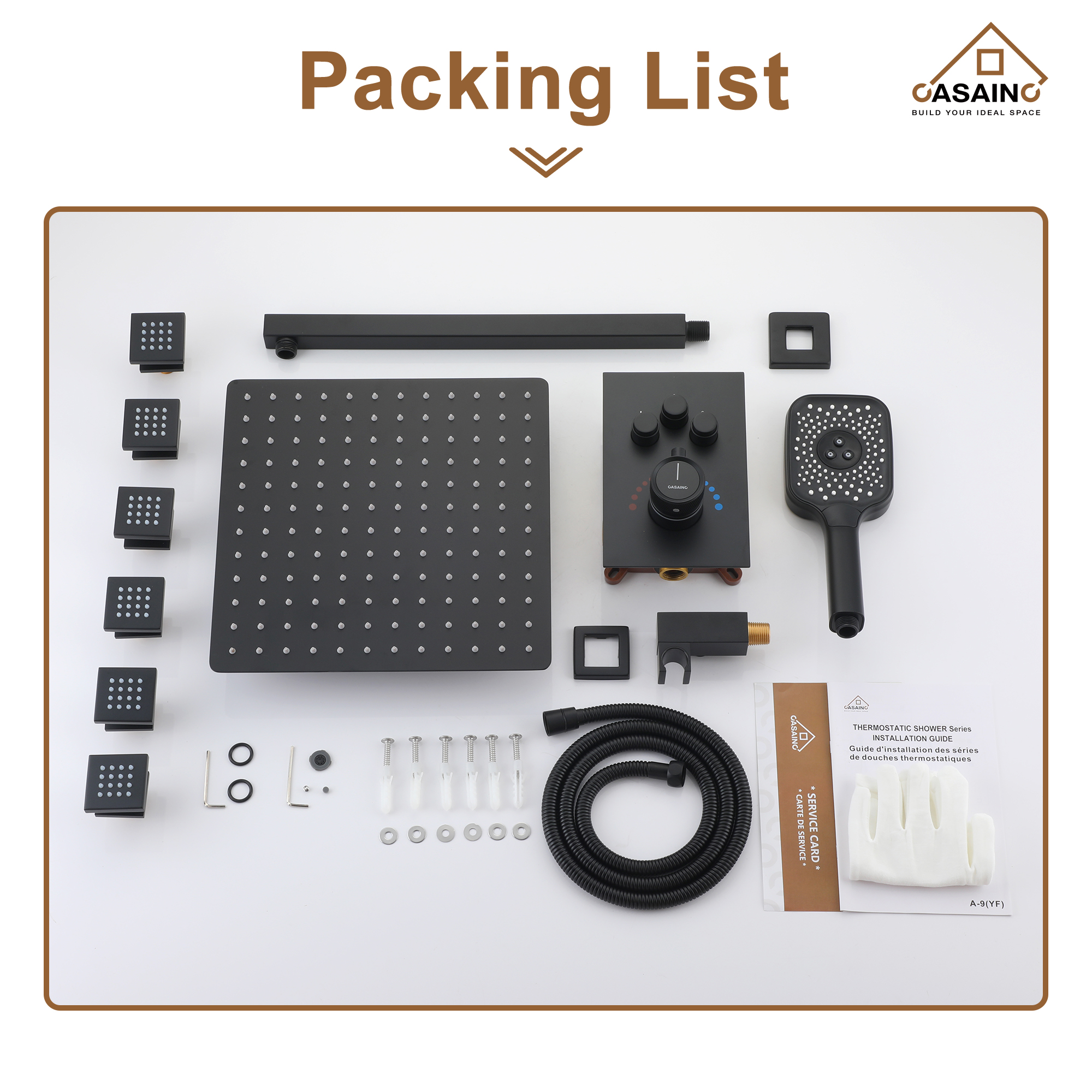 Wall Mount 12 Inch Rainfall Shower Head 3 Function Thermostatic Shower System  with 6 Body Jets