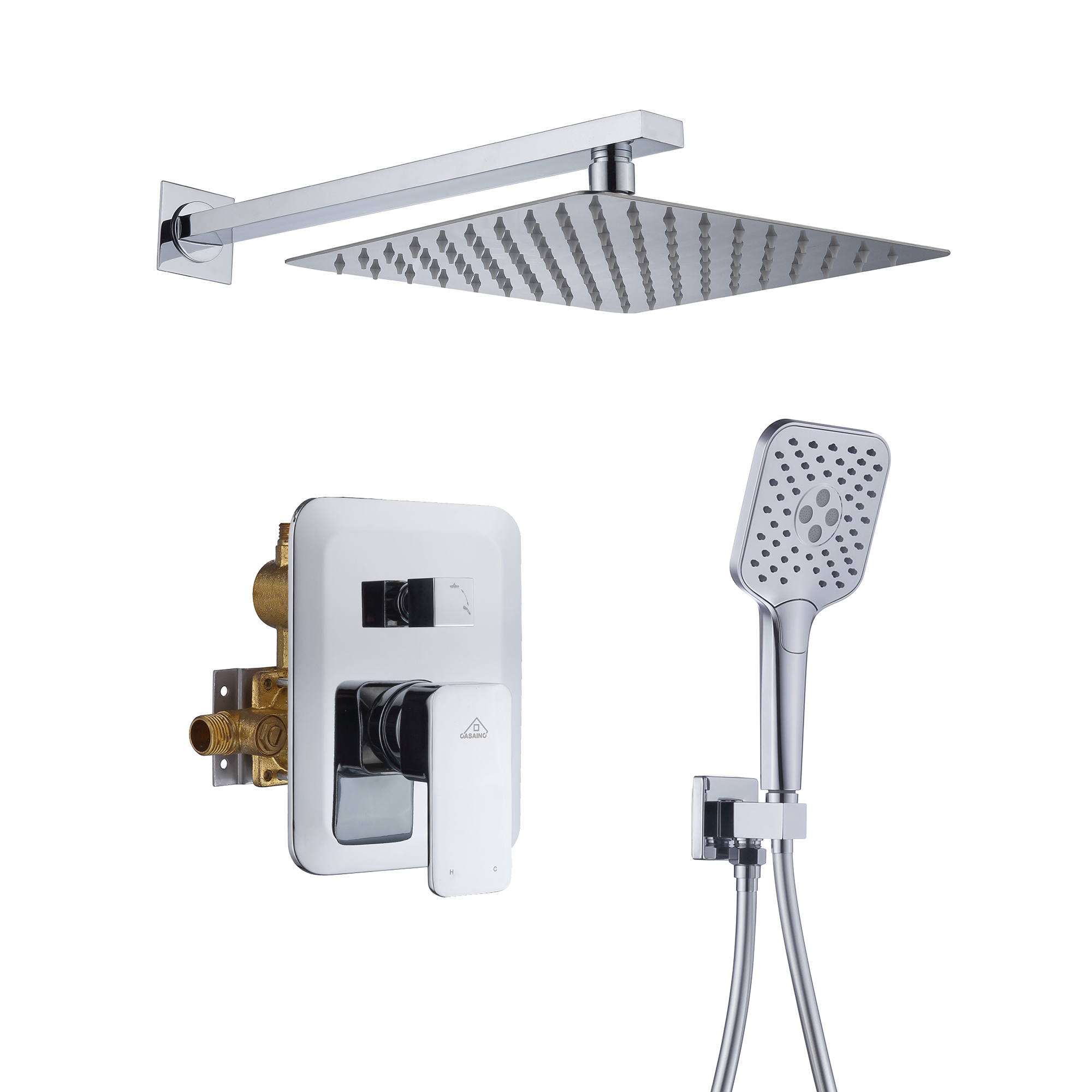 CASAINC 9.8" Square Wall-mounted Rain Shower Faucet with Pressure Balanced Valve
