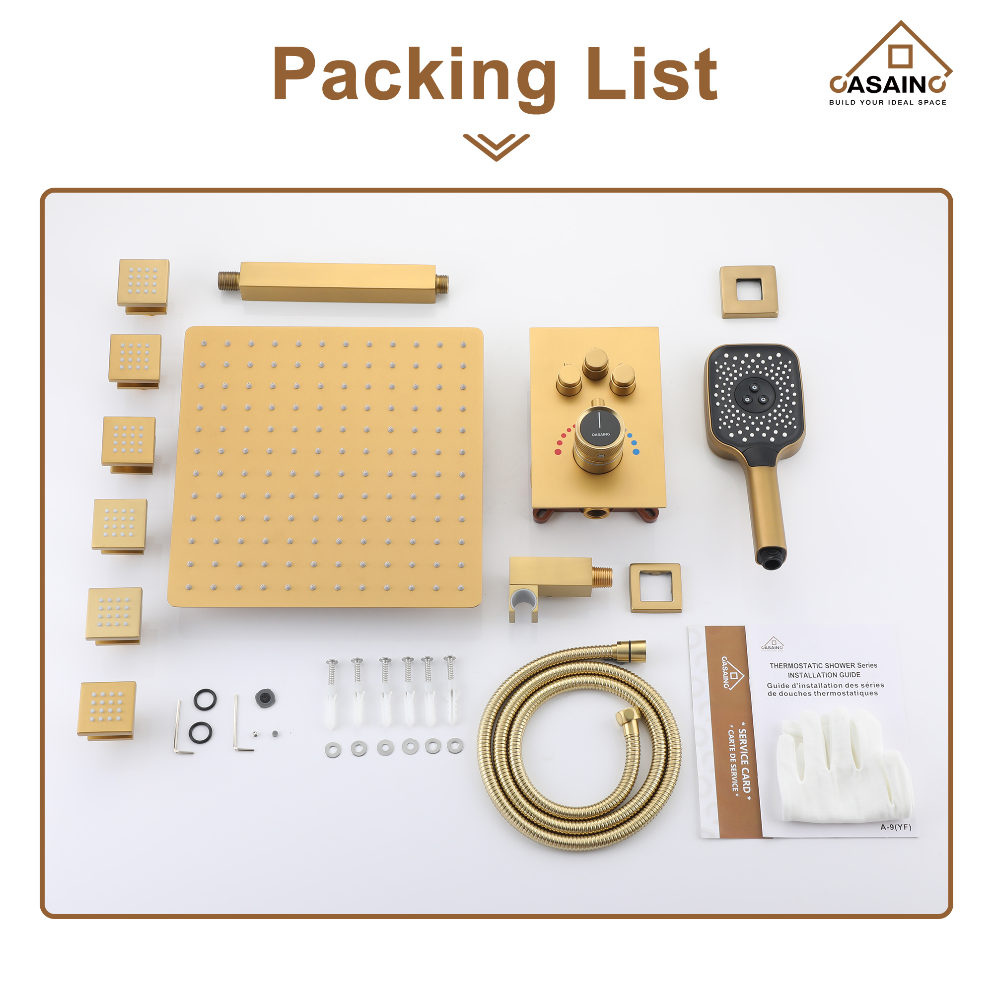 Celling Mount 12 Inch Rainfall Shower Head 3 Function Thermostatic Shower System  with 6 Body Jets