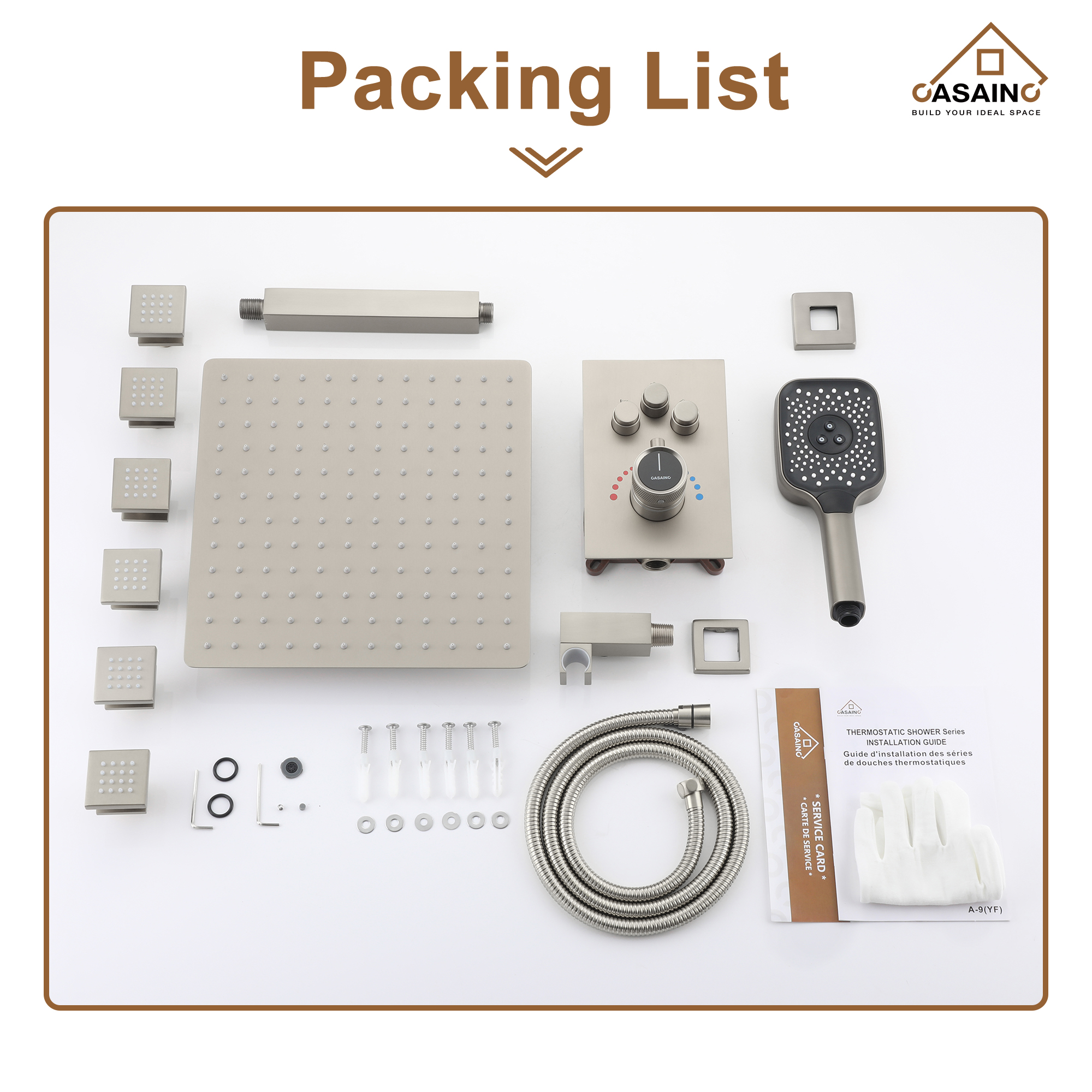 Celling Mount 12 Inch Rainfall Shower Head 3 Function Thermostatic Shower System  with 6 Body Jets