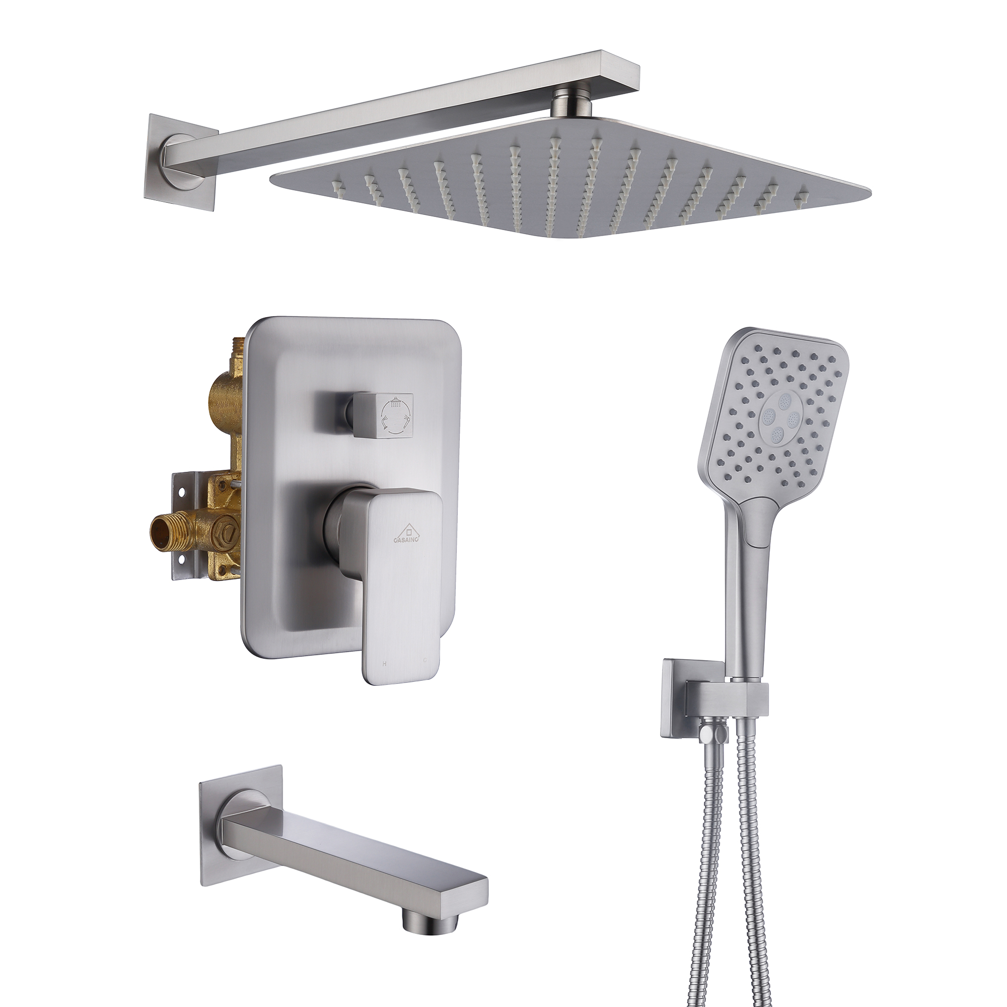 CASAINC 10 inch Square Wall-mounted rain shower faucet with pressure balanced valve