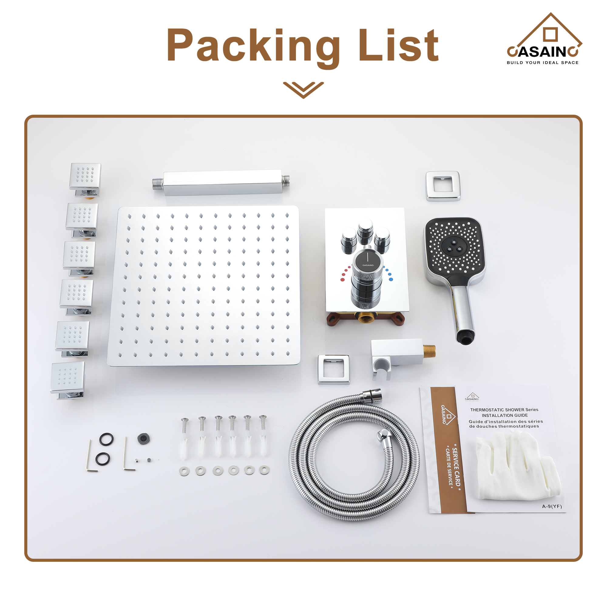 Celling Mount 12 Inch Rainfall Shower Head 3 Function Thermostatic Shower System  with 6 Body Jets