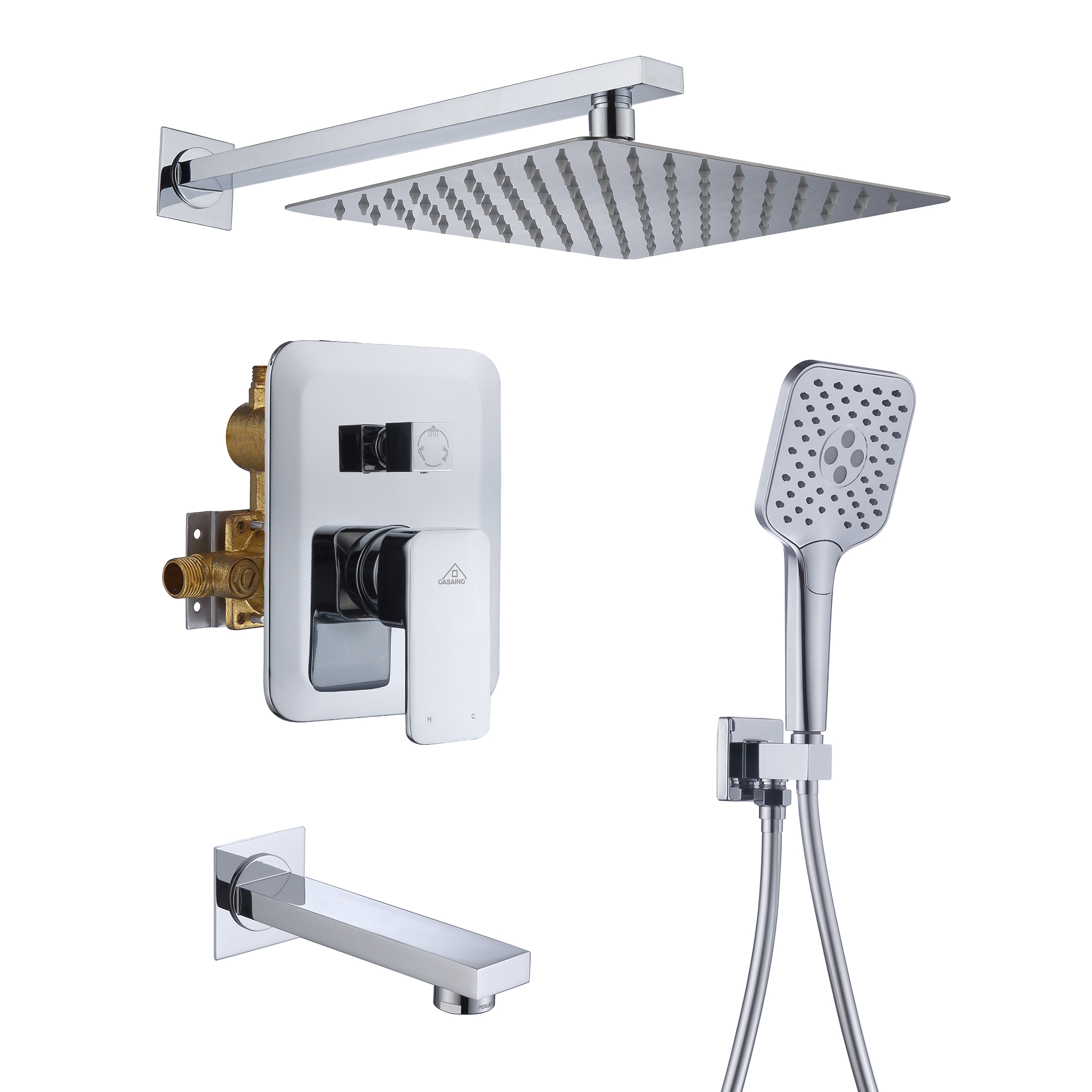 CASAINC 10 inch Square Wall-mounted rain shower faucet with pressure balanced valve