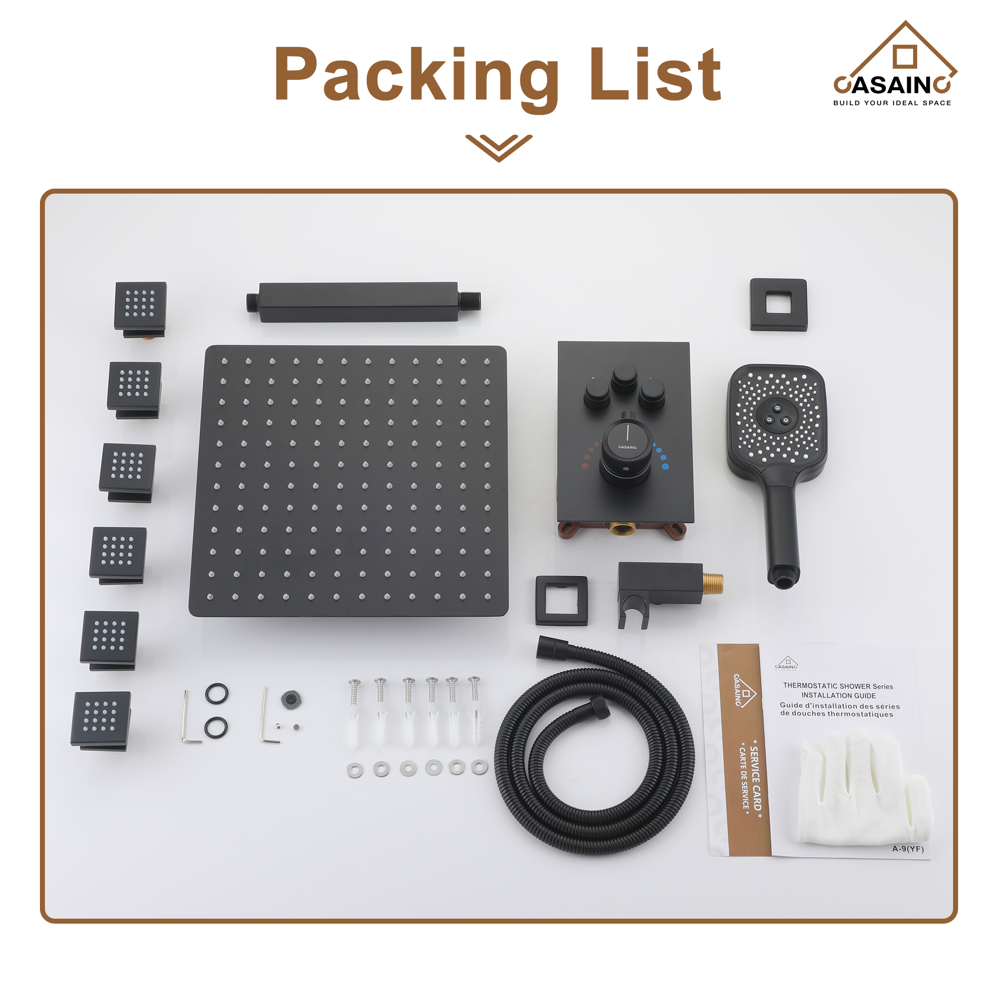 Celling Mount 12 Inch Rainfall Shower Head 3 Function Thermostatic Shower System  with 6 Body Jets