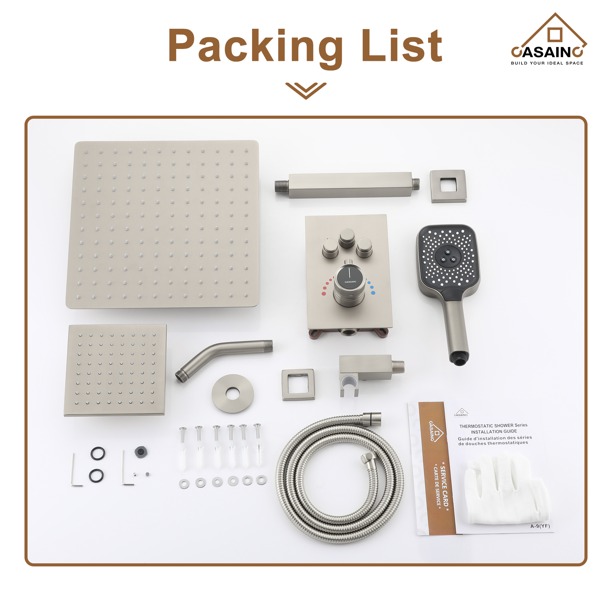 Celling Mount 12 Inch Rainfall Shower Head 3 Function Thermostatic Shower System  Wth Wall Mount 6 Inch Regular Shower Head