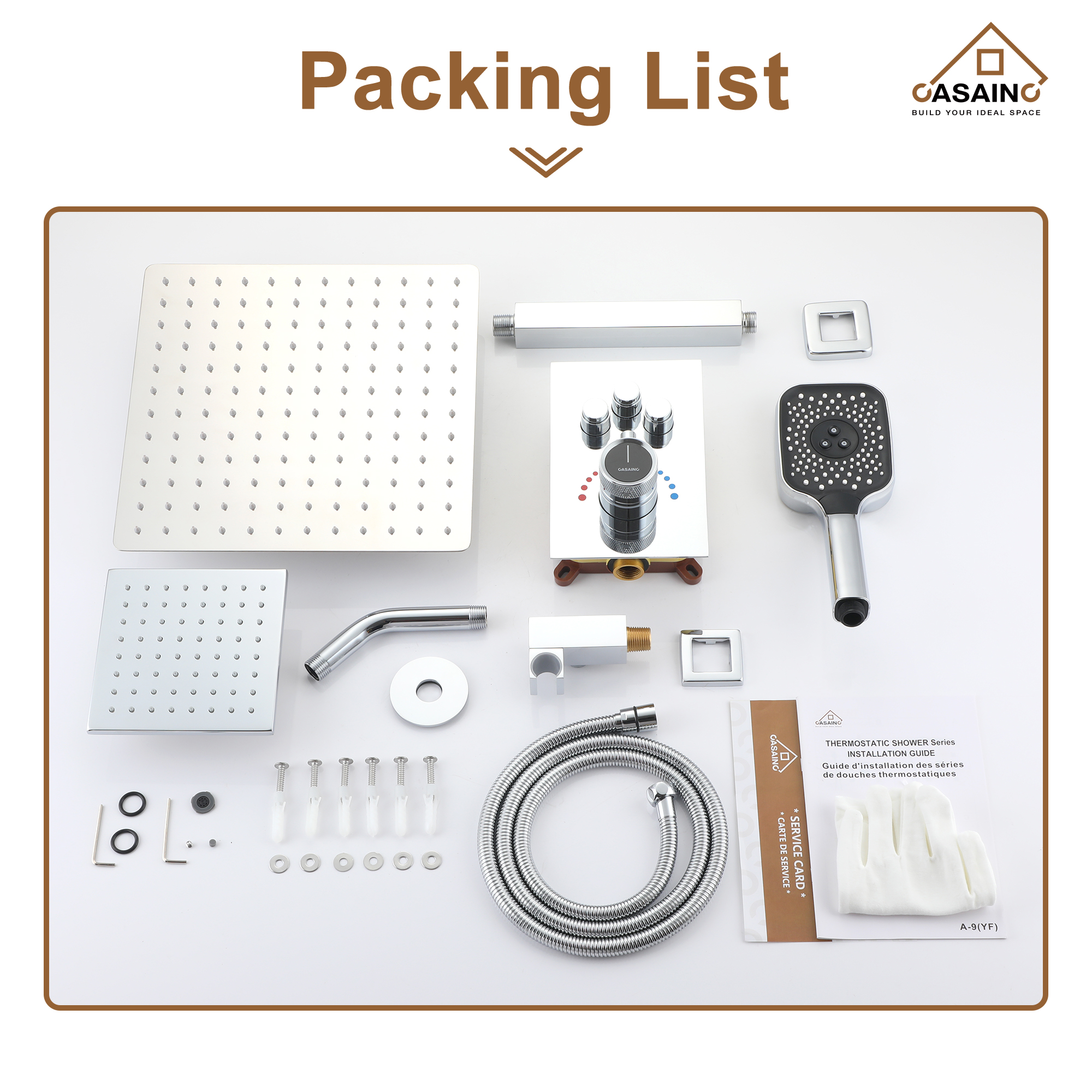 Celling Mount 12 Inch Rainfall Shower Head 3 Function Thermostatic Shower System  Wth Wall Mount 6 Inch Regular Shower Head