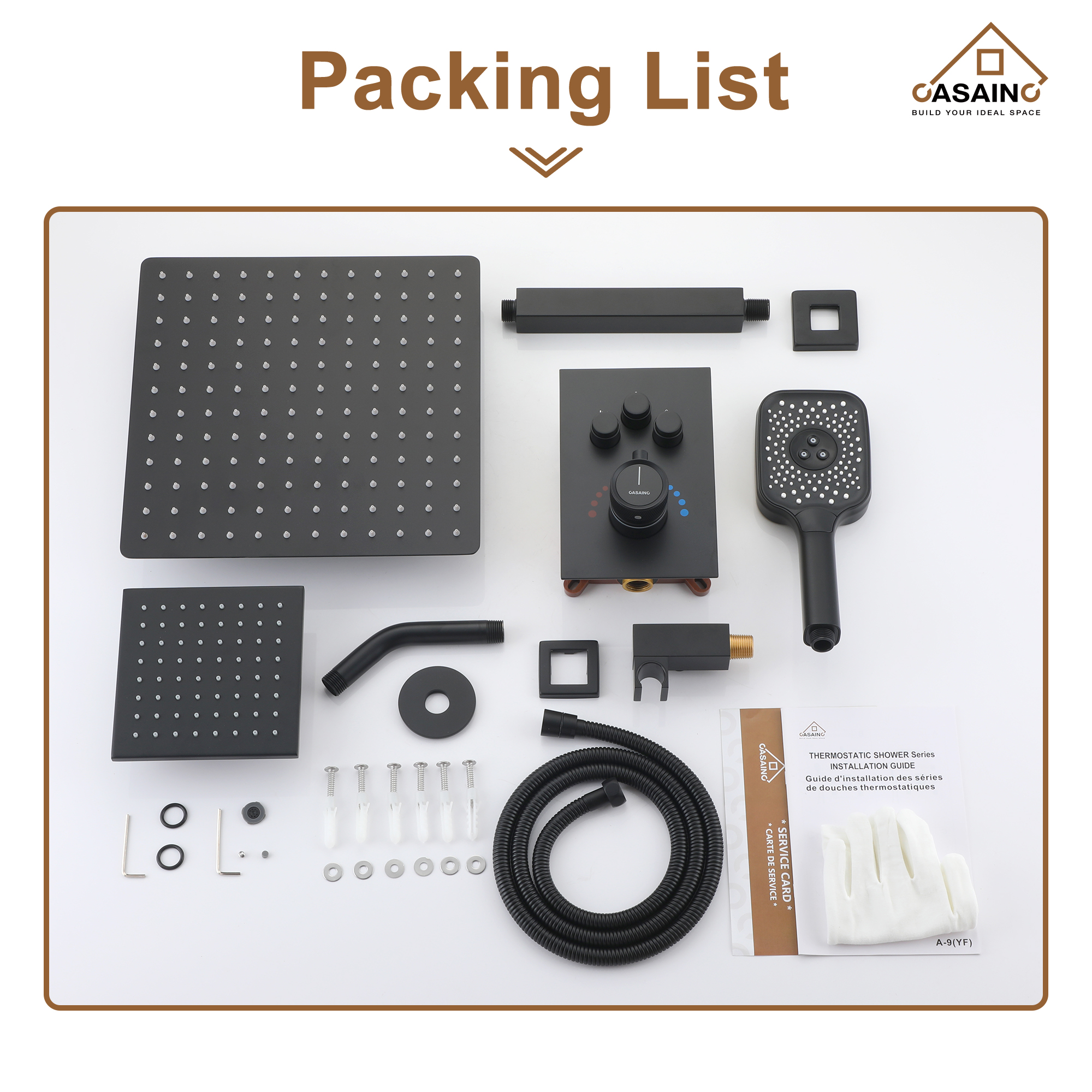 Celling Mount 12 Inch Rainfall Shower Head 3 Function Thermostatic Shower System  Wth Wall Mount 6 Inch Regular Shower Head