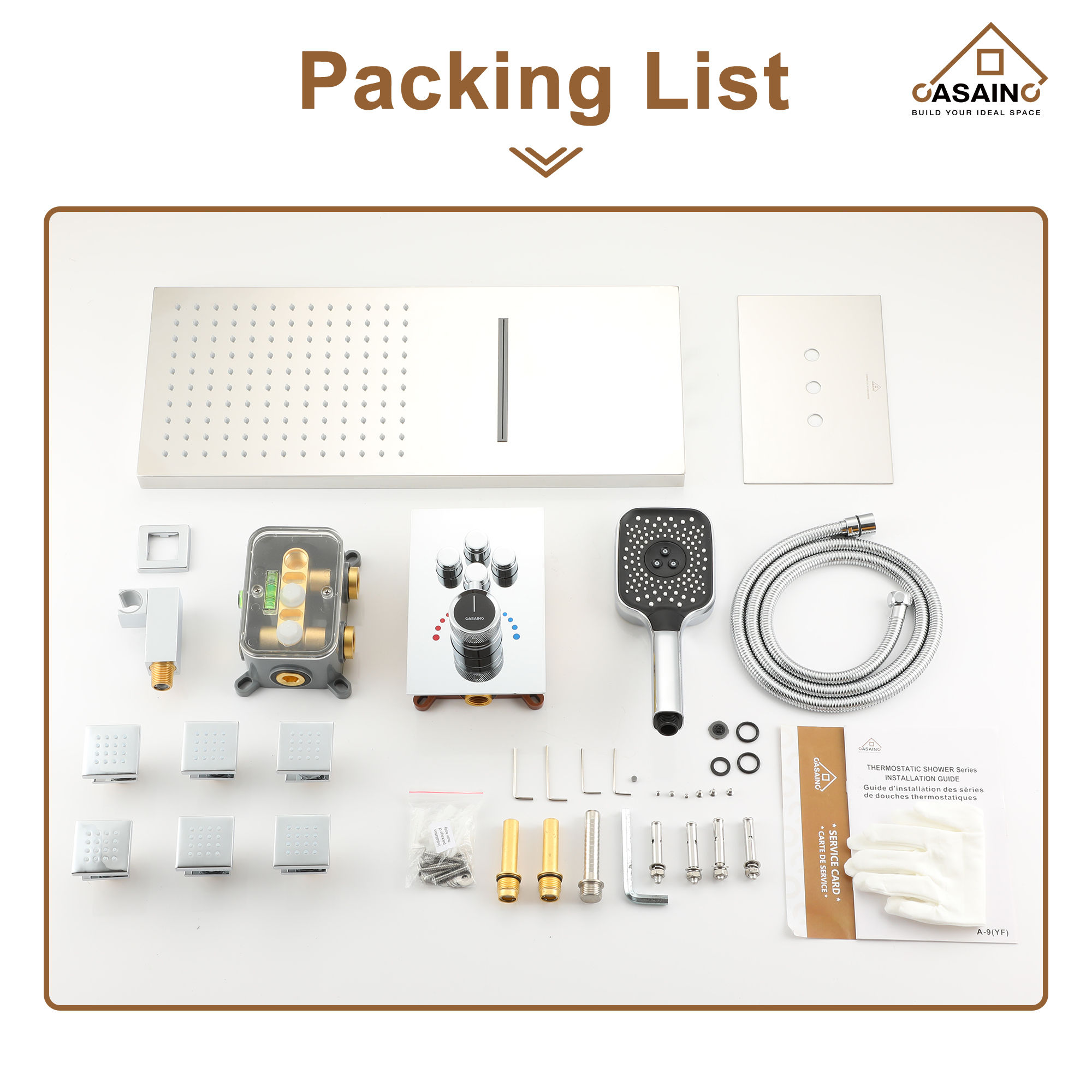 Wall Mounted 20 Inch Rectangular Dual-function Rainfall Shower Head 4 Function Thermostatic Shower System , With  6 Body Jets