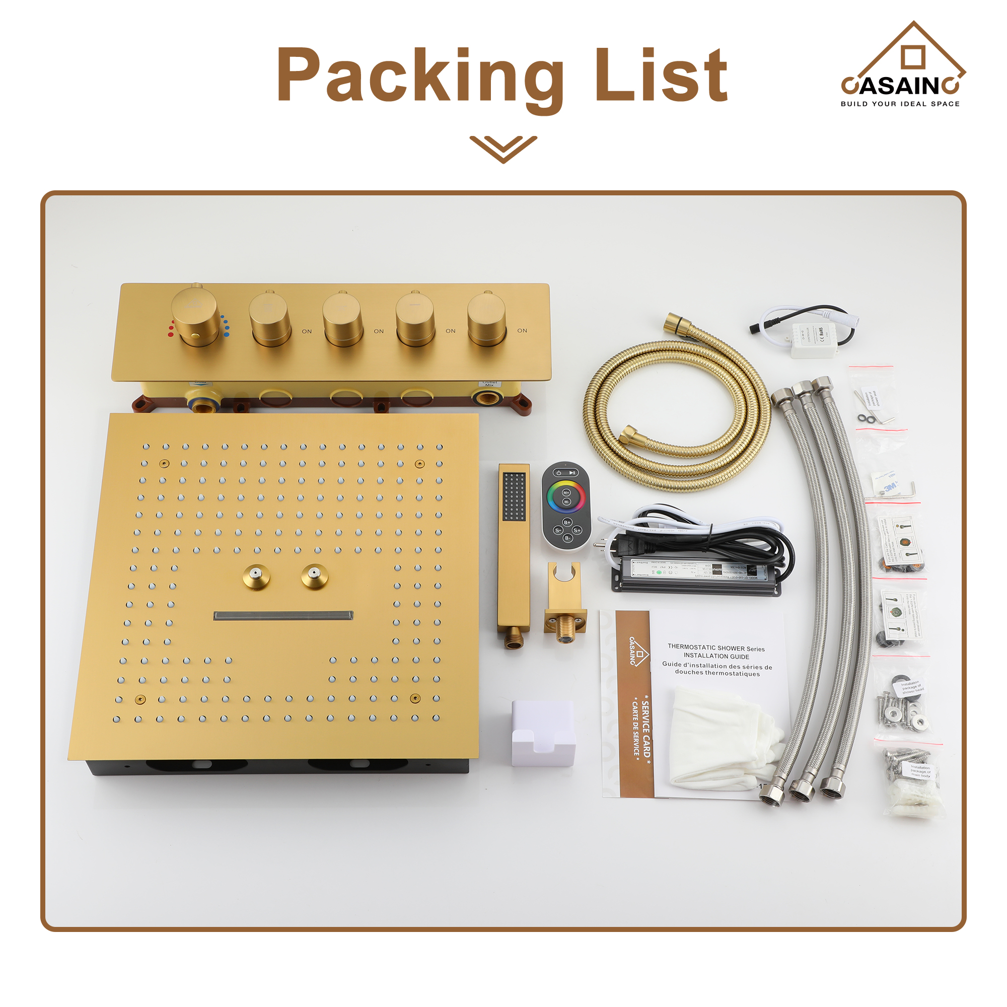 Luxury 4 Functions (Rainfall, Waterfall, Misty, Handheld) Shower System , 16 Inch Thermostatic Rain Shower Set with Multi-Function Remote Control 64 Color Lights