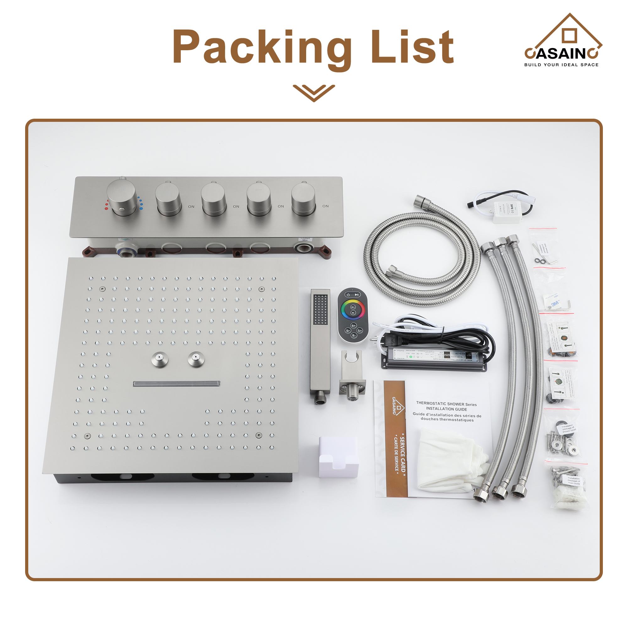 Luxury 4 Functions (Rainfall, Waterfall, Misty, Handheld) Shower System , 16 Inch Thermostatic Rain Shower Set with Multi-Function Remote Control 64 Color Lights