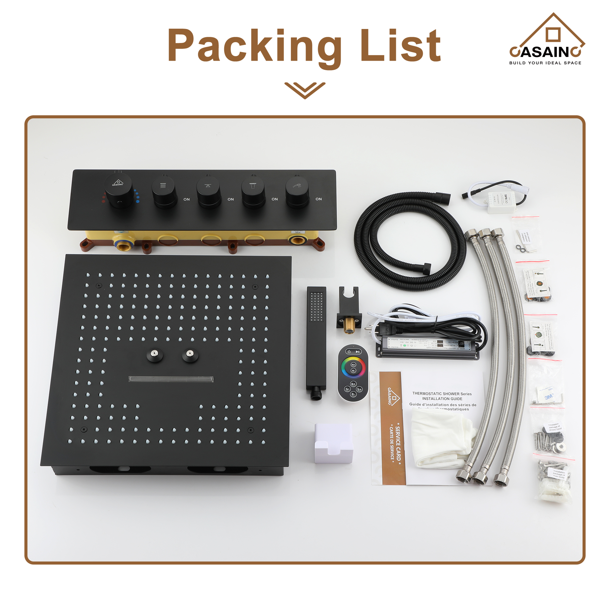 Luxury 4 Functions (Rainfall, Waterfall, Misty, Handheld) Shower System , 16 Inch Thermostatic Rain Shower Set with Multi-Function Remote Control 64 Color Lights