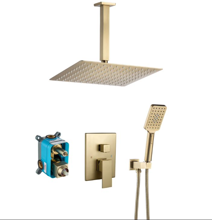 CASAINC 10 in.Brushed Gold Wall/Ceiling Mount 2.5 GPM Rain Shower System With 3-Spray handhold(Valve Included)