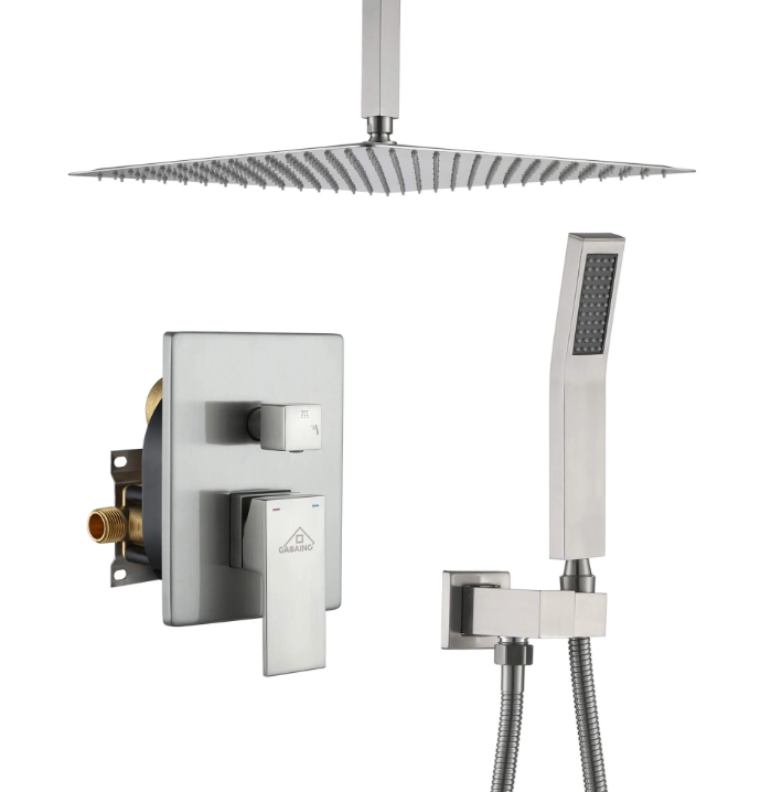 CASAINC Ceiling-Mounted/Wall-Mounted 2-Function Shower System with Handheld Shower in Brushed Nickel