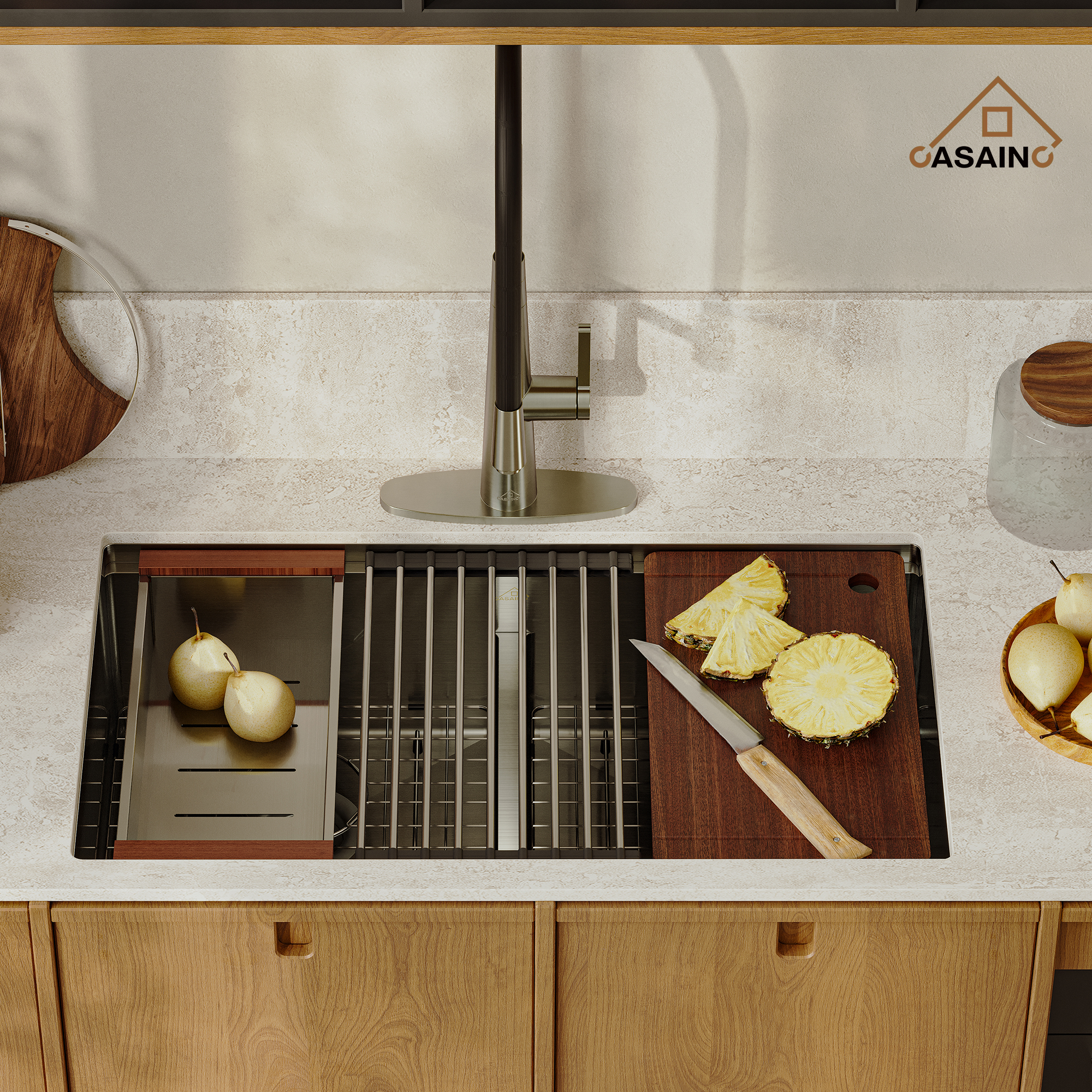 Casainc Undermount Stainless Steel 33-inch Double Bowl Kitchen Sink in Brushed