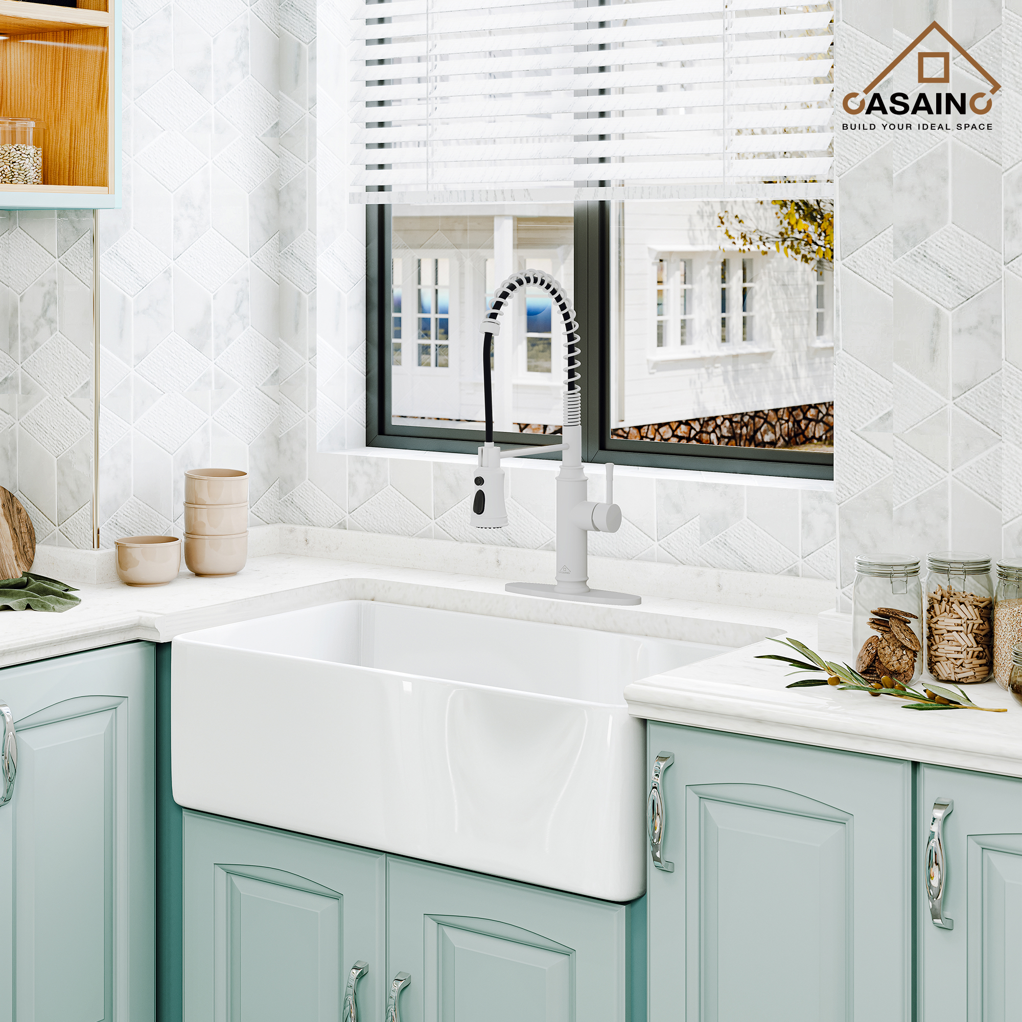 CASAINC 1.8gpm Single-Handle Spring Pull Down Sprayer Kitchen Faucet with Infrared Induction Function and Deck Plate in Matte Black/Brushed Nickel