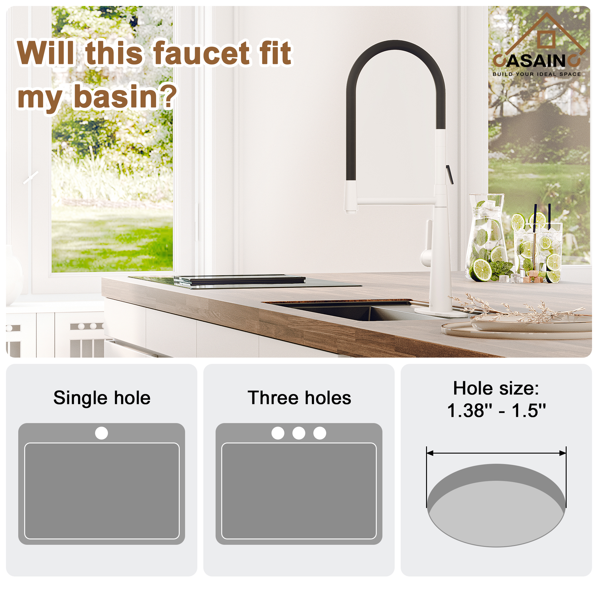 CASAINC 1.8GPM Single-Handle Standard Kitchen Faucet with Fast Mount and Deck Plate, 3 Colors Available