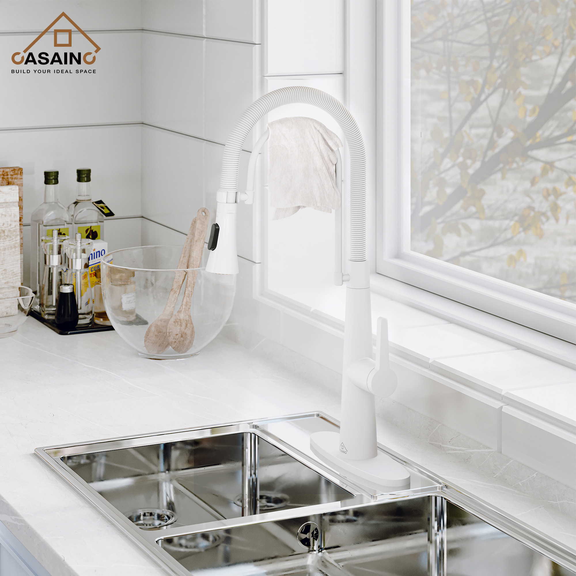 CASAINC 1.8GPM Single-Handle Spring Neck Standard Kitchen Faucet with Dual-Function Spray Head and Deck Plate in Brushed Nickel/Gold and Black