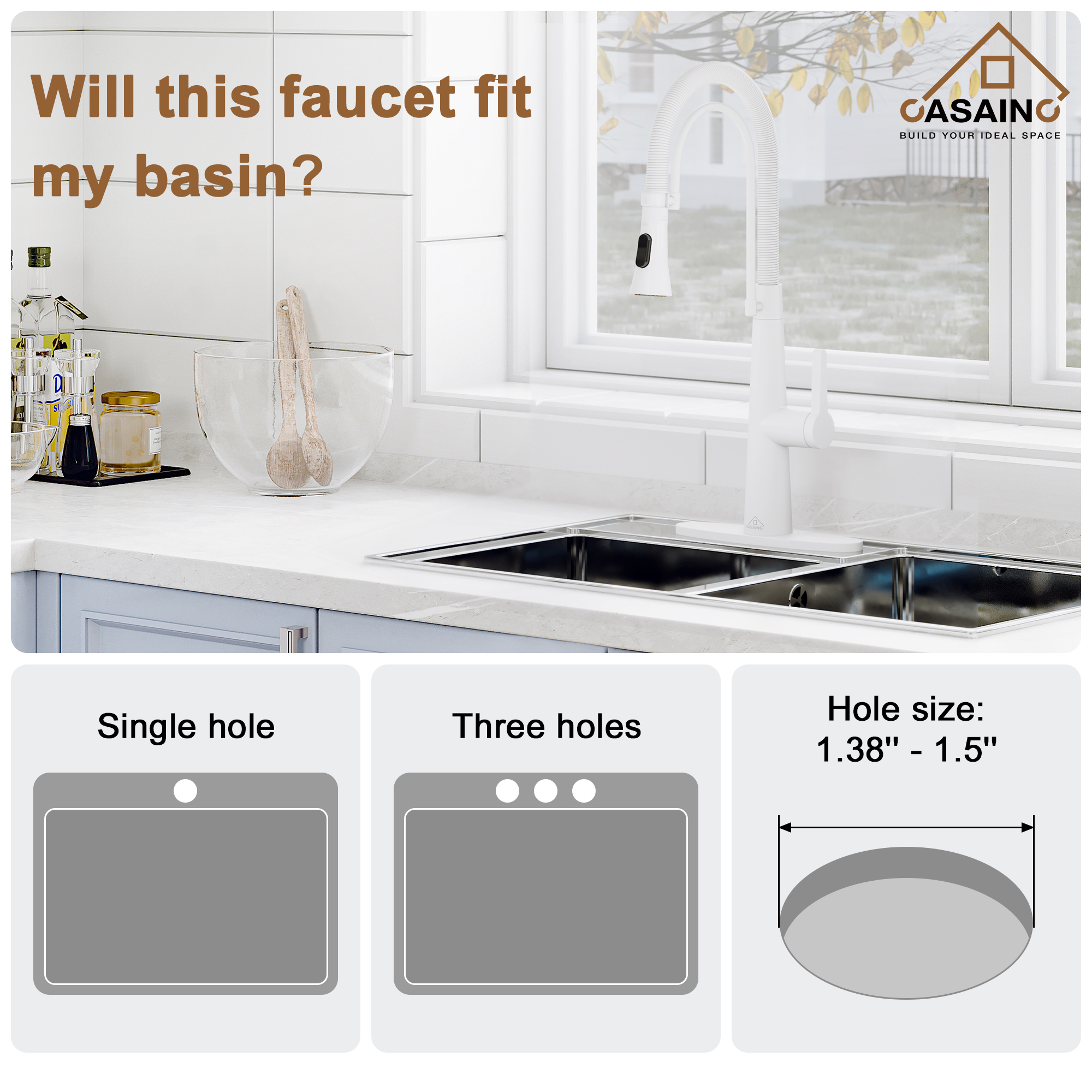 CASAINC 1.8GPM Single-Handle Spring Neck Standard Kitchen Faucet with Dual-Function Spray Head and Deck Plate in Brushed Nickel/Gold and Black