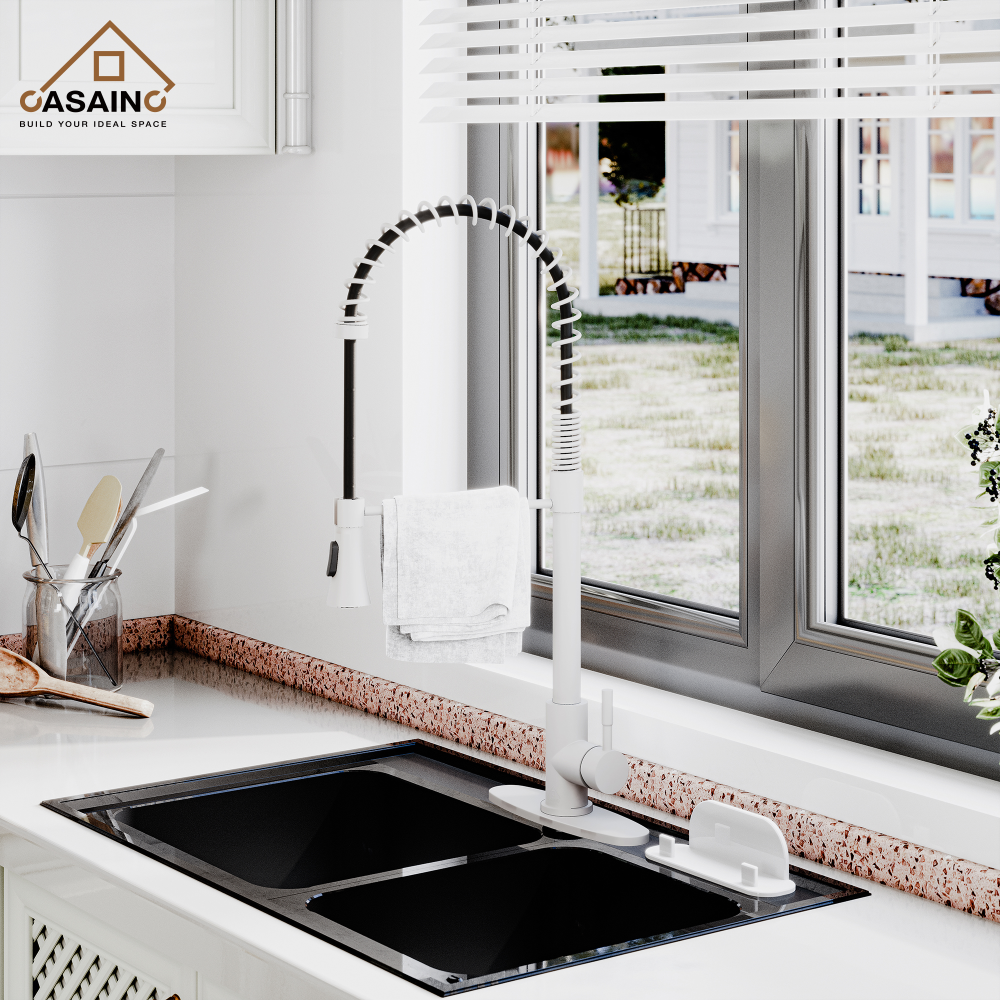 CASAINC 1.8GPM Modern Spring Pull Down Sprayer Kitchen Faucet with Dual-Function Spray Head and Deck Plate, in Brushed Nickel and More