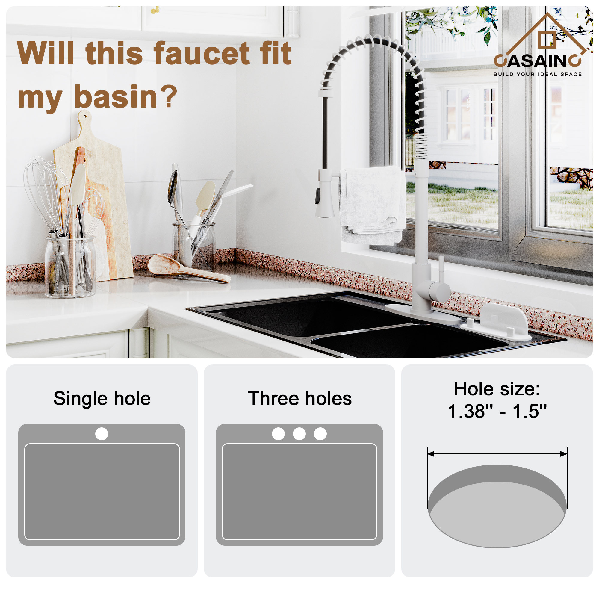 CASAINC 1.8GPM Modern Spring Pull Down Sprayer Kitchen Faucet with Dual-Function Spray Head and Deck Plate, in Brushed Nickel and More