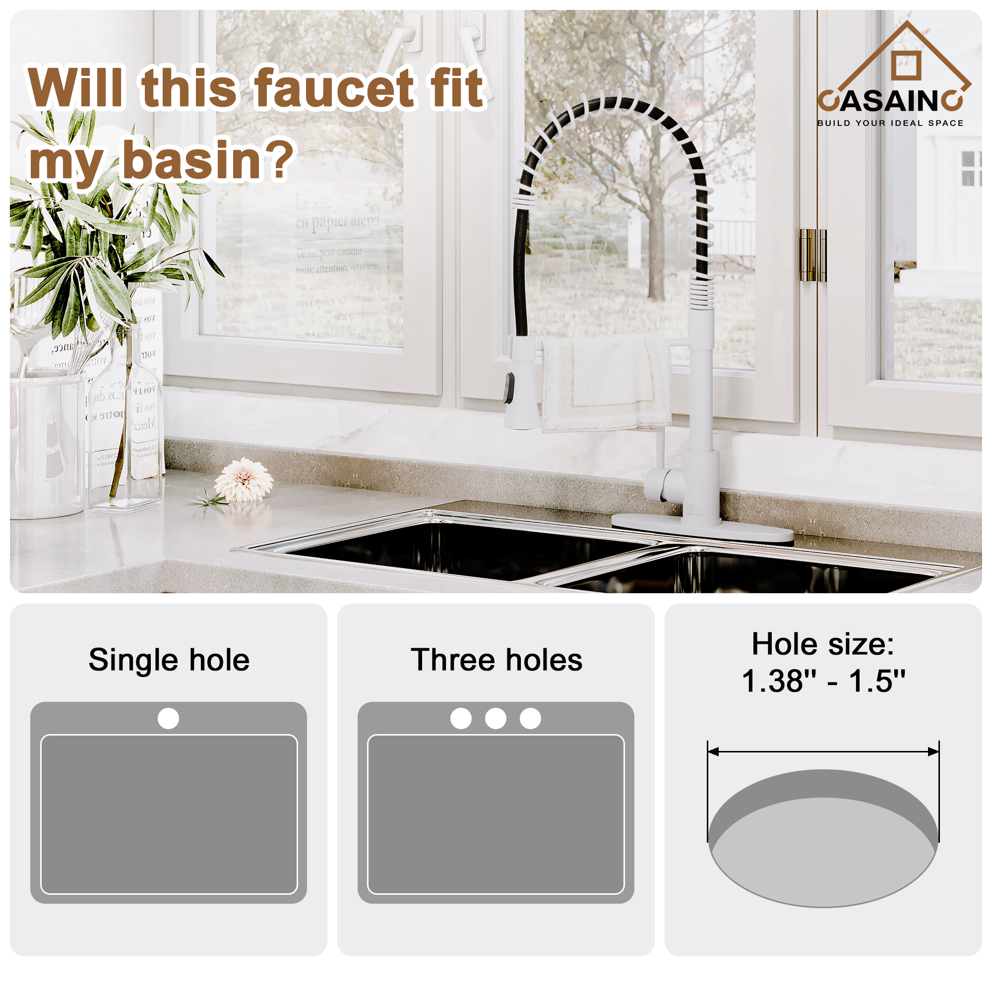 CASAINC 1.8GPM Spring Standard Kitchen Faucet with Dual-Function Spray Head and Deck Plate, in Matte Black and More