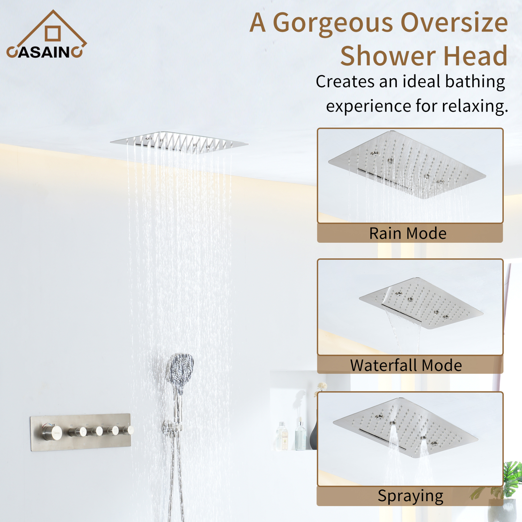 16'' Ceiling Mount Thermostatic Rain Shower Systems With Waterfall Sho