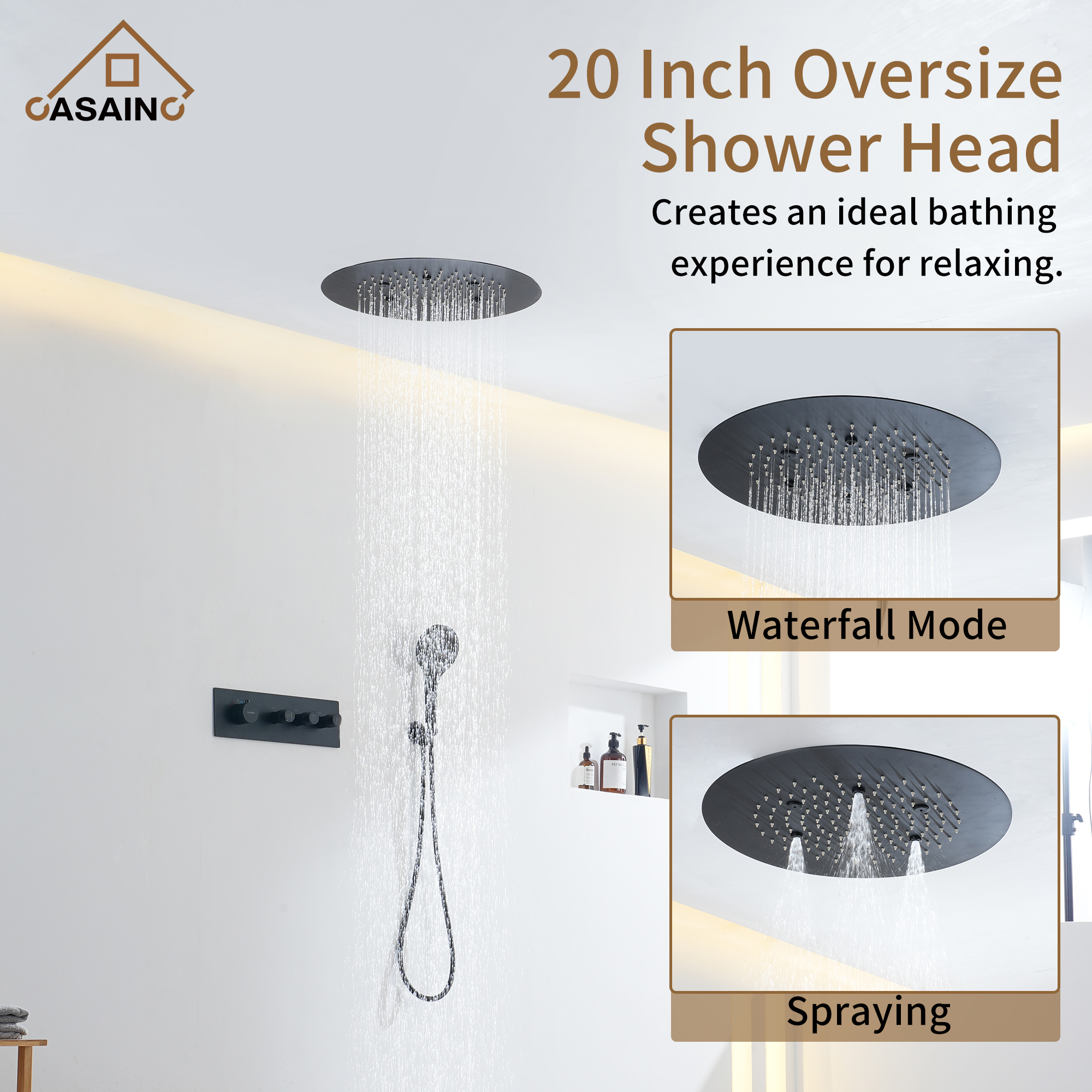 20 Inch Luxury Thermostatic Shower System in Matte Black