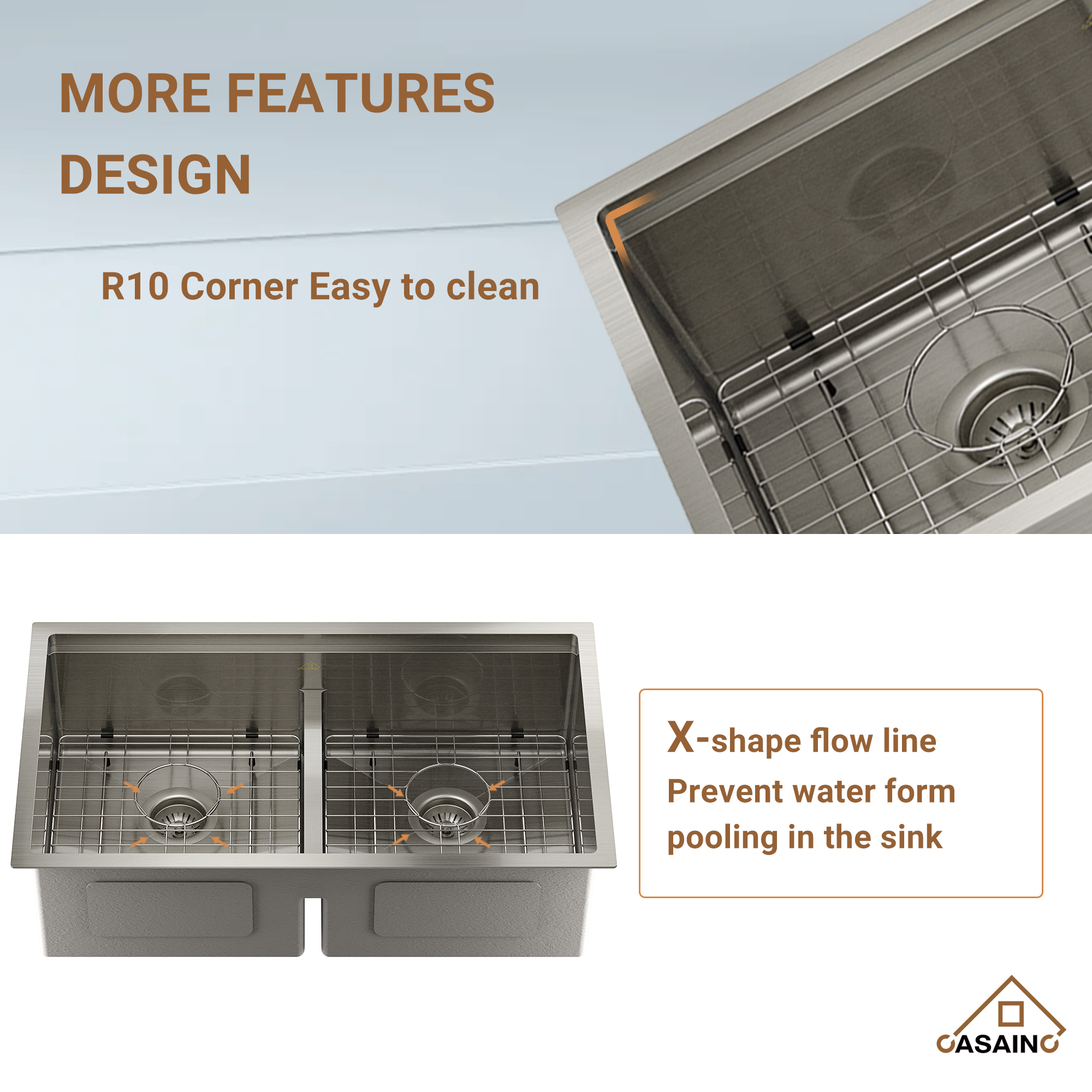 Casainc Undermount Stainless Steel 33-inch Double Bowl Kitchen Sink in Brushed