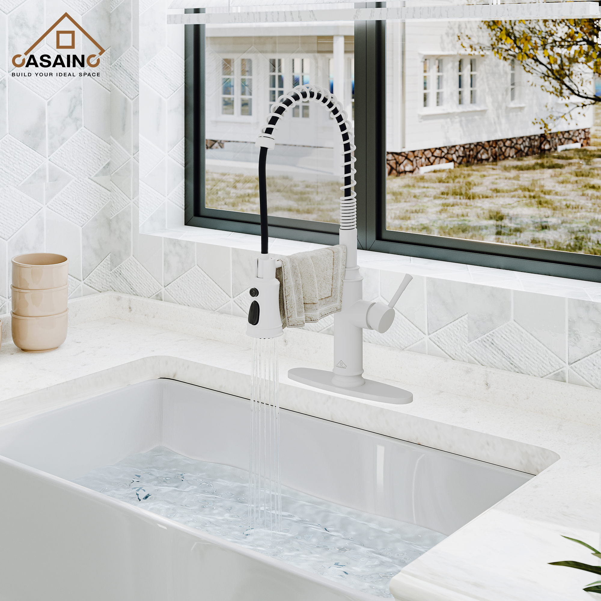 CASAINC 1.8gpm Single-Handle Spring Pull Down Sprayer Kitchen Faucet with Infrared Induction Function and Deck Plate in Matte Black/Brushed Nickel