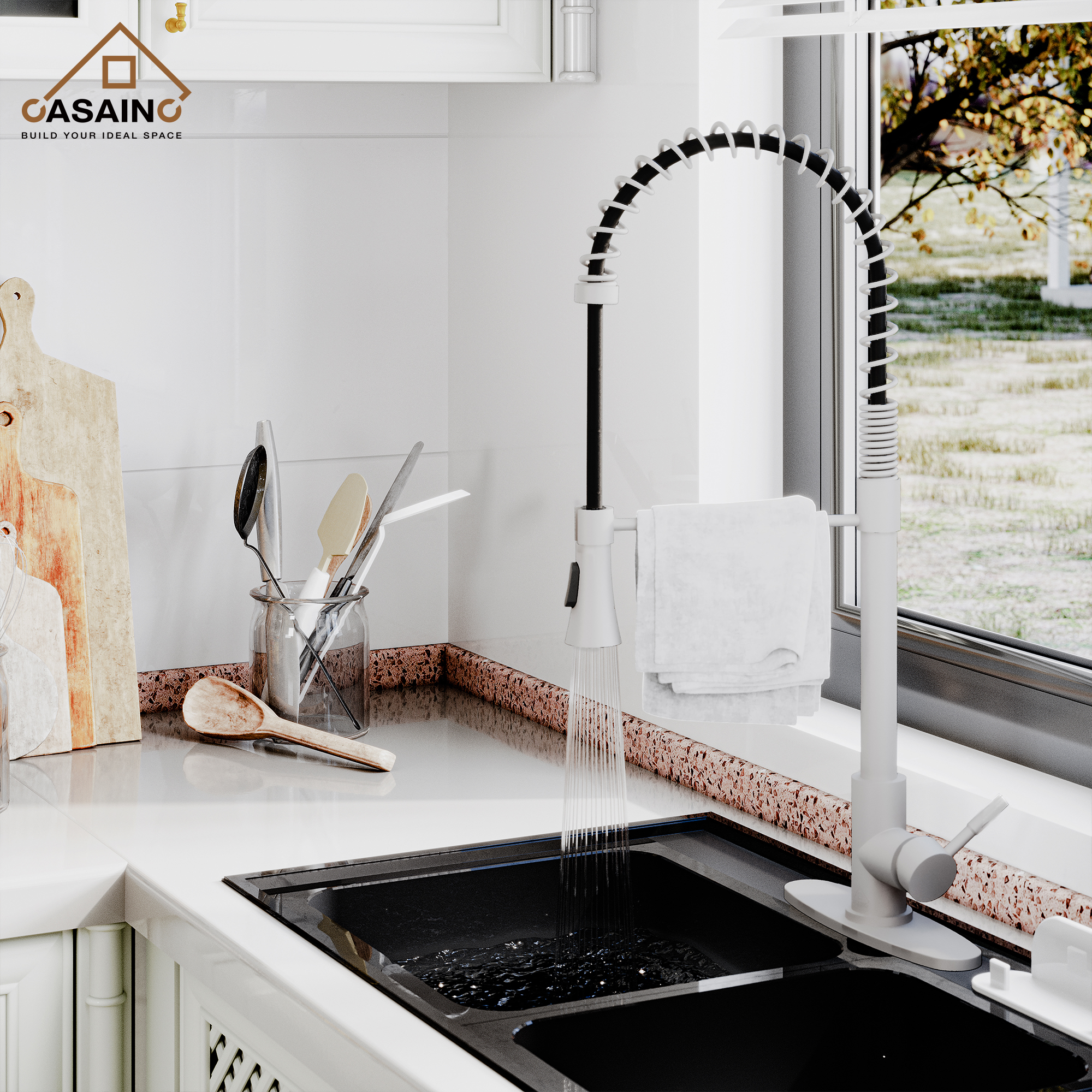 CASAINC 1.8GPM Modern Spring Pull Down Sprayer Kitchen Faucet with Dual-Function Spray Head and Deck Plate, in Brushed Nickel and More