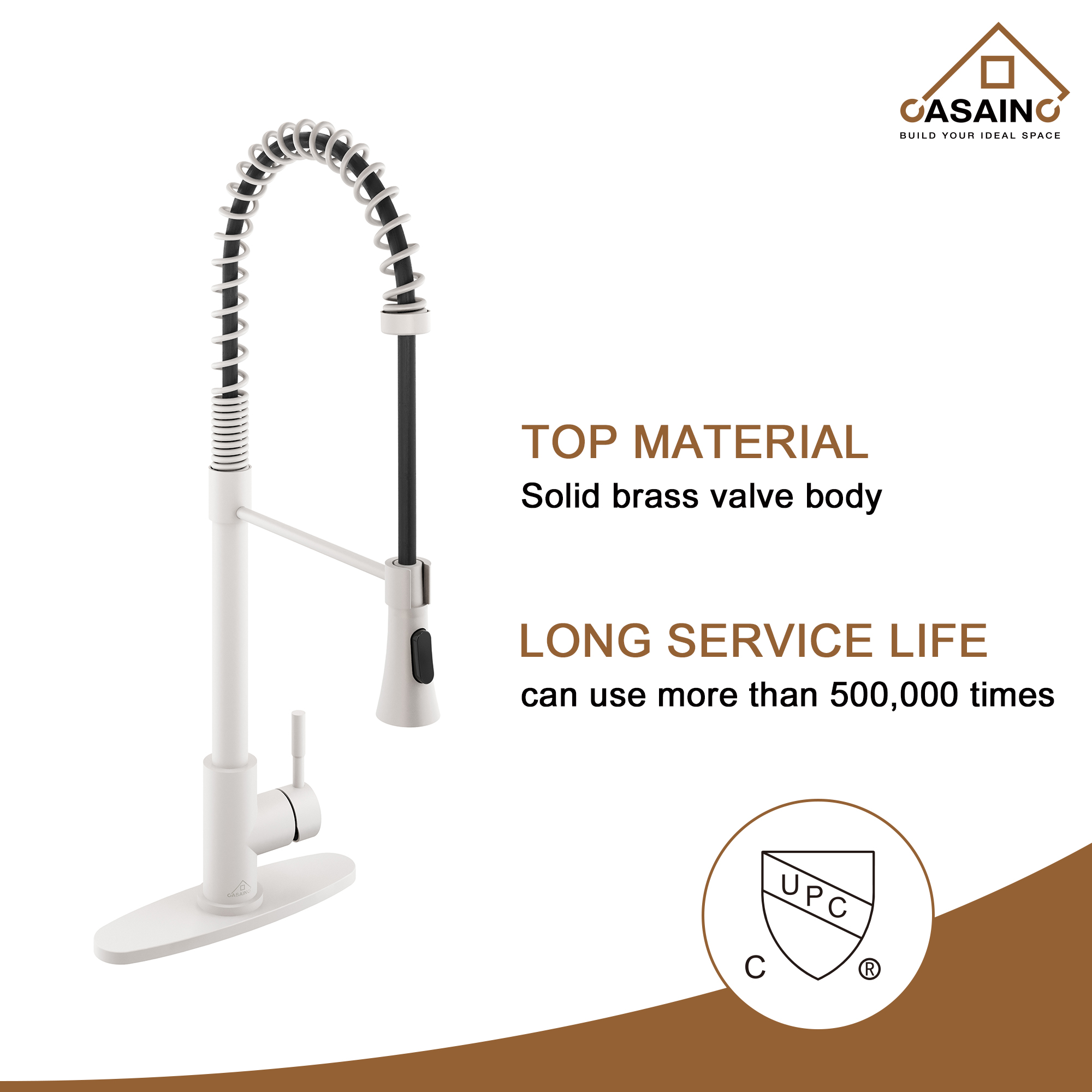 CASAINC 1.8GPM Modern Spring Pull Down Sprayer Kitchen Faucet with Dual-Function Spray Head and Deck Plate, in Brushed Nickel and More