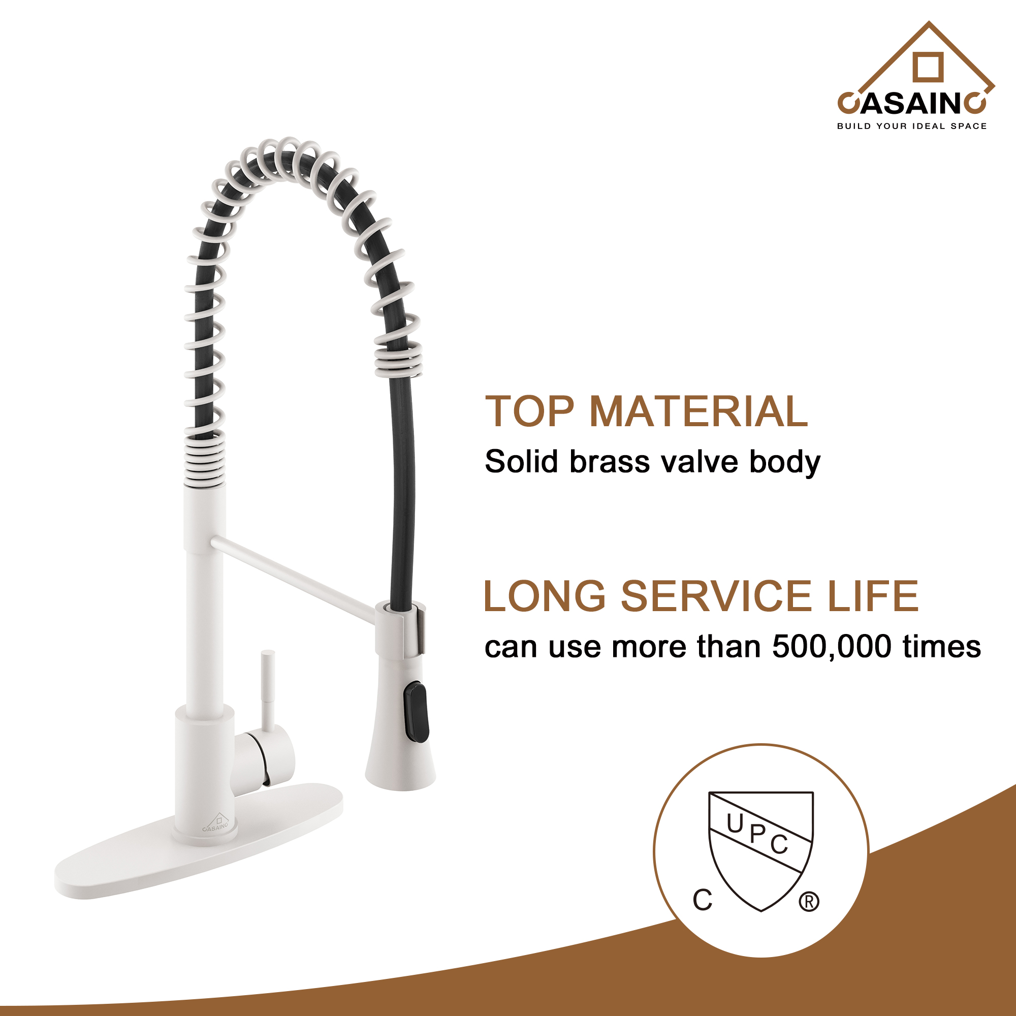 CASAINC 1.8GPM Spring Standard Kitchen Faucet with Dual-Function Spray Head and Deck Plate, in Matte Black and More