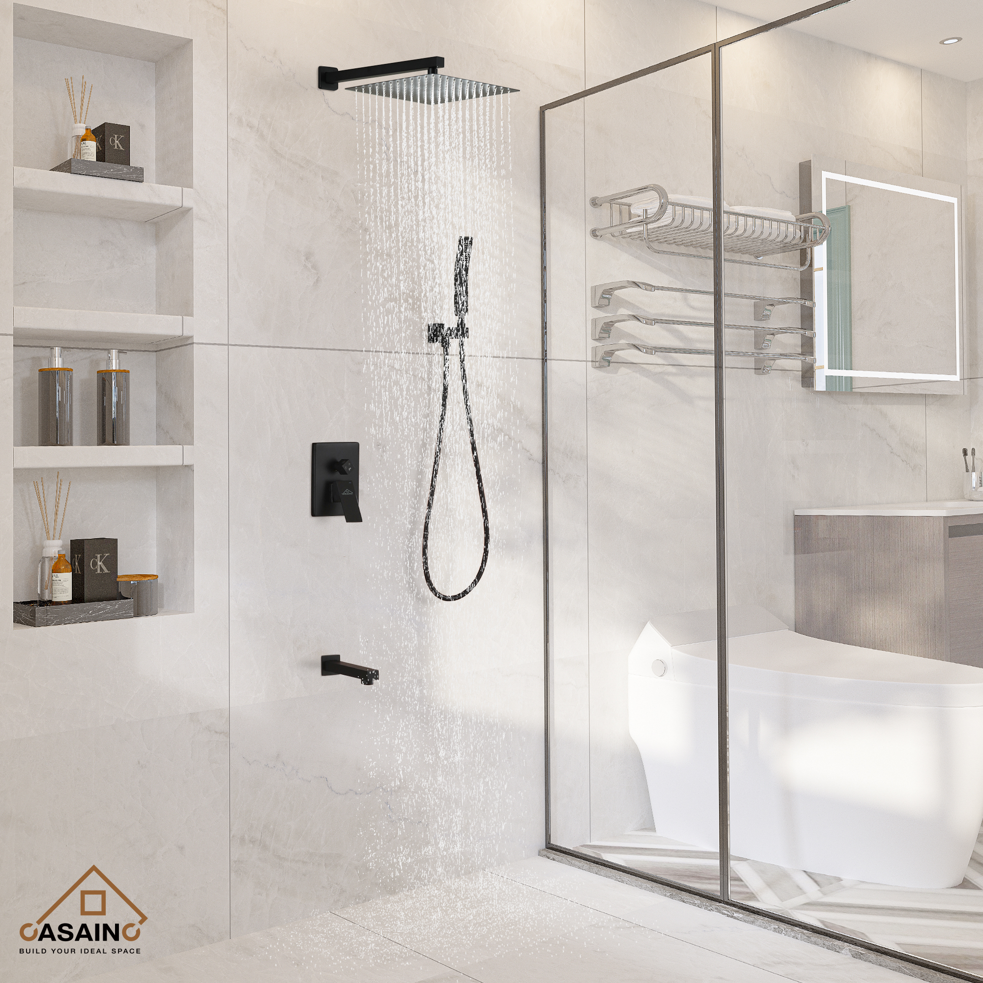 CASAINC 12 inch Wall Mounted Shower System with Bathtub Faucet and Hand Shower