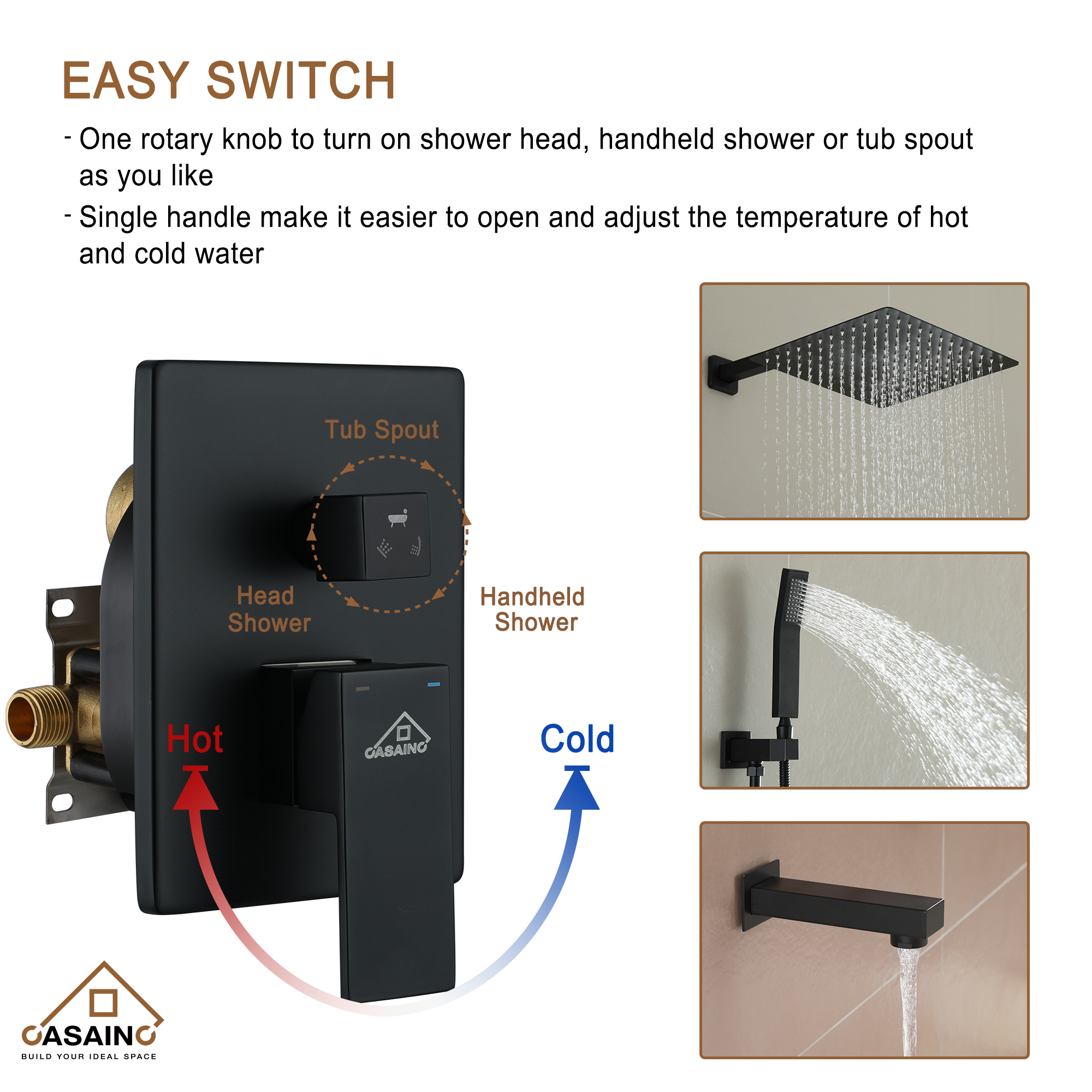 CASAINC 12 inch Wall Mounted Shower System with Bathtub Faucet and Hand Shower