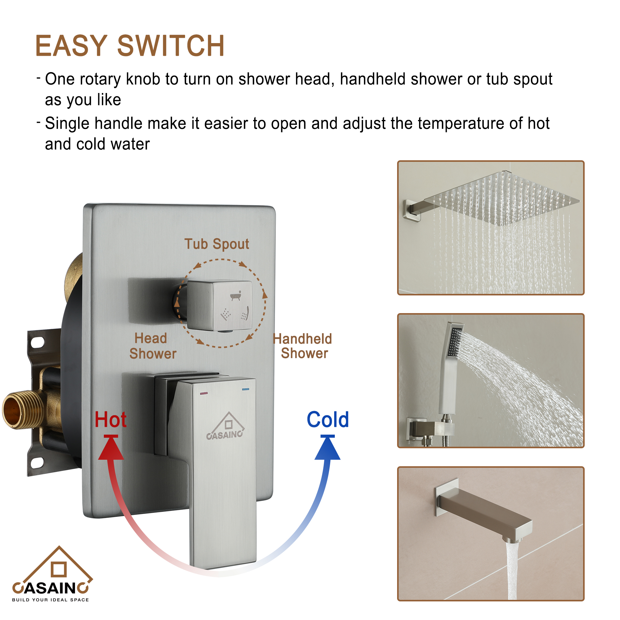 CASAINC 12 inch Wall Mounted Shower System with Bathtub Faucet and Hand Shower