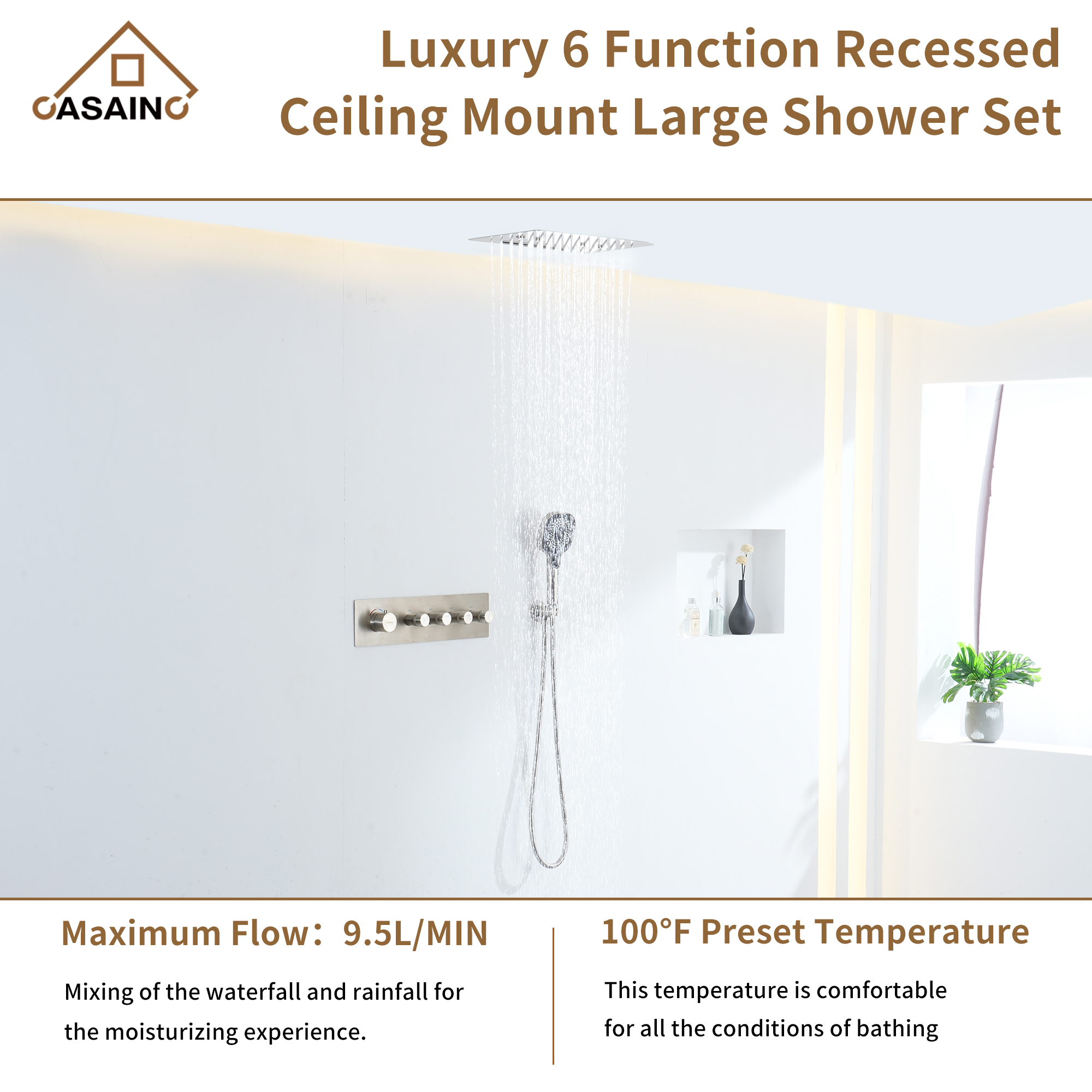 4 Functions 12 Inch Ceiling Mounted Thermostatic Shower System
