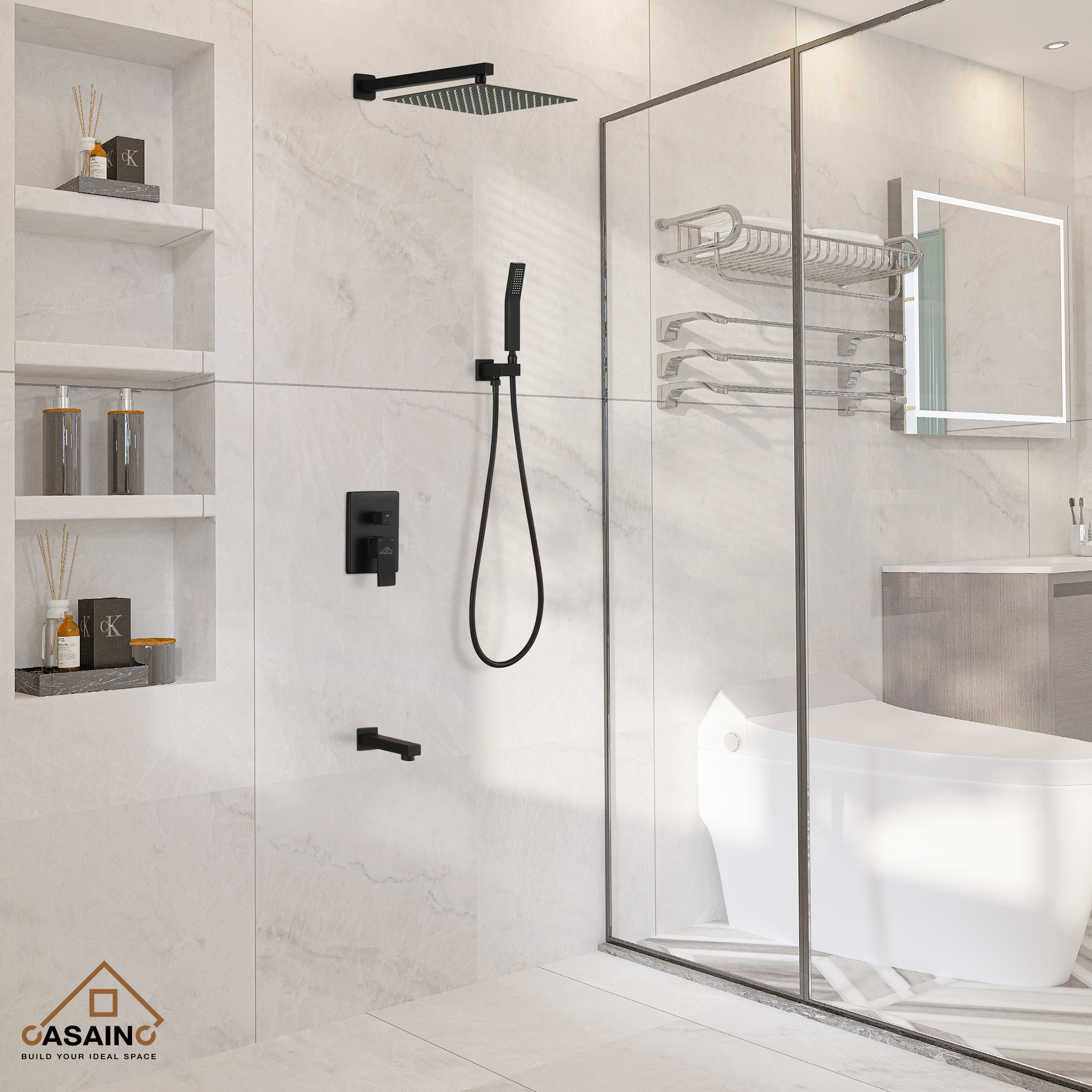 CASAINC 12 inch Wall Mounted Shower System with Bathtub Faucet and Hand Shower