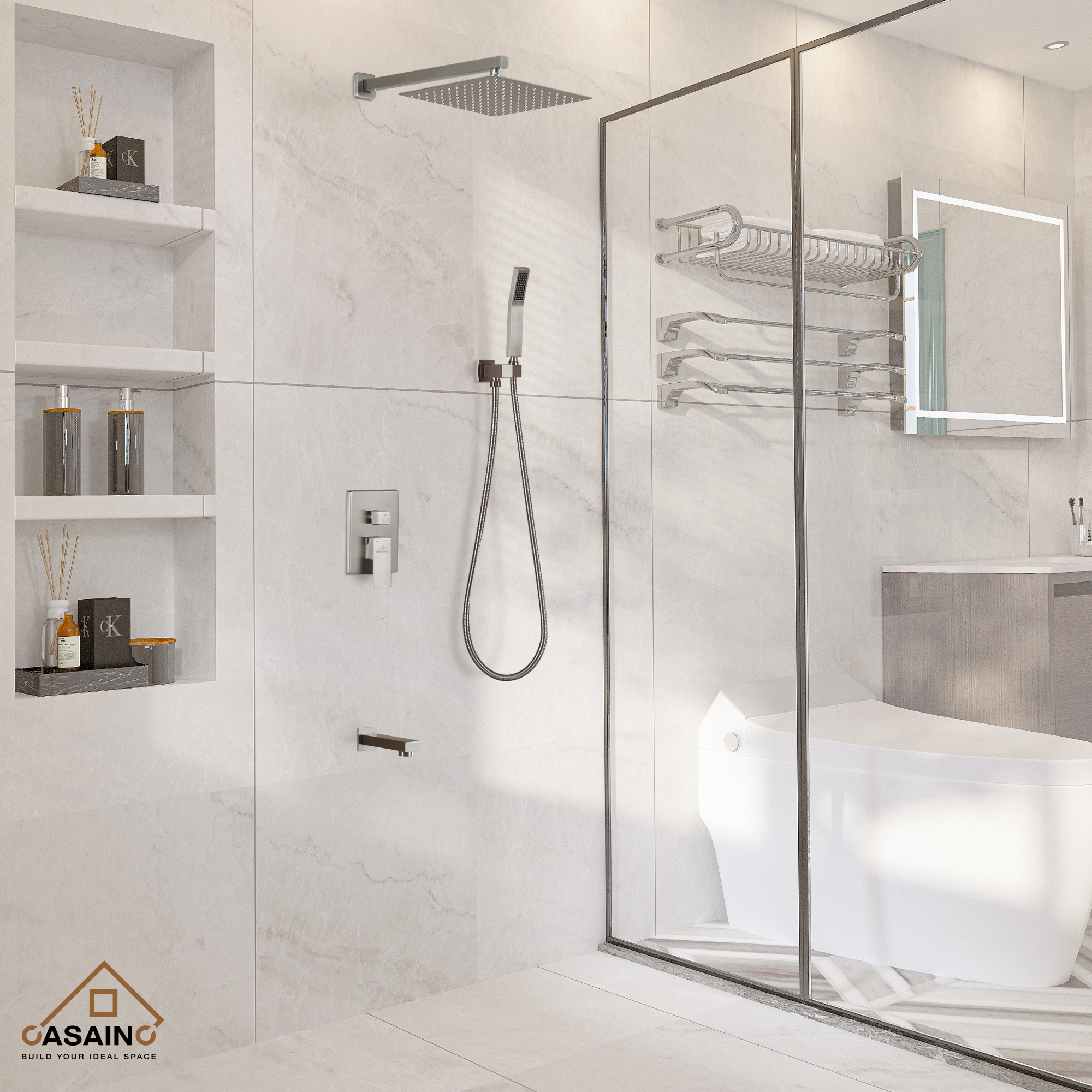 CASAINC 12 inch Wall Mounted Shower System with Bathtub Faucet and Hand Shower